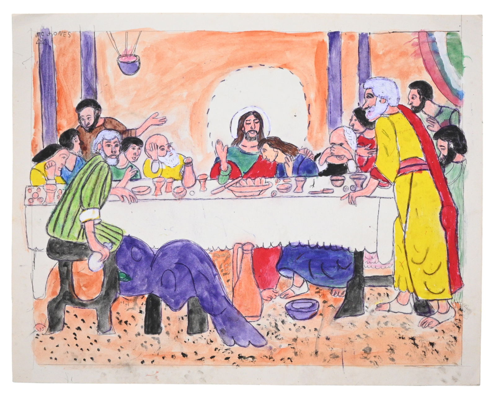 MC "5 Cents" Jones. The Last Supper: MC "5 Cents" Jones. (1917-2003) The Last Supper. Signed. Mixed media on paper. Rare example. Excellent condition. Size: 16.5" H x 21" W. Provenance: Private Georgia Collection (30+ years). Est. $200 -