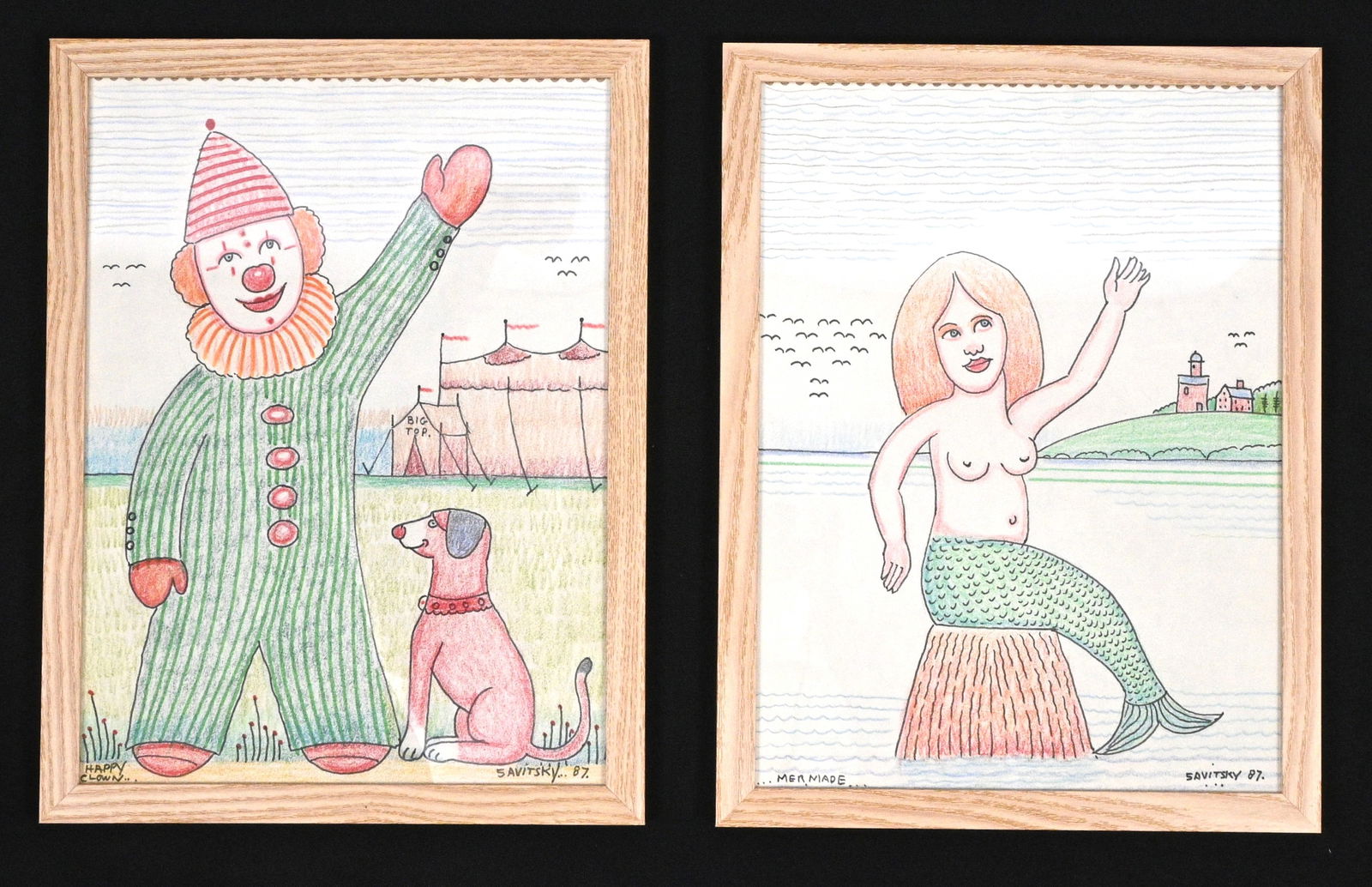 Jack Savitsky. Happy The Clown & Mermade: Jack Savitsky. (1910-1991) Happy The Clown & Mermade. 1987. Signed and Dated. Ink, crayon, and graphite on signed notebook paper. Excellent condition. Size with Frame: 13" H x 10" W. Provenance: Priva
