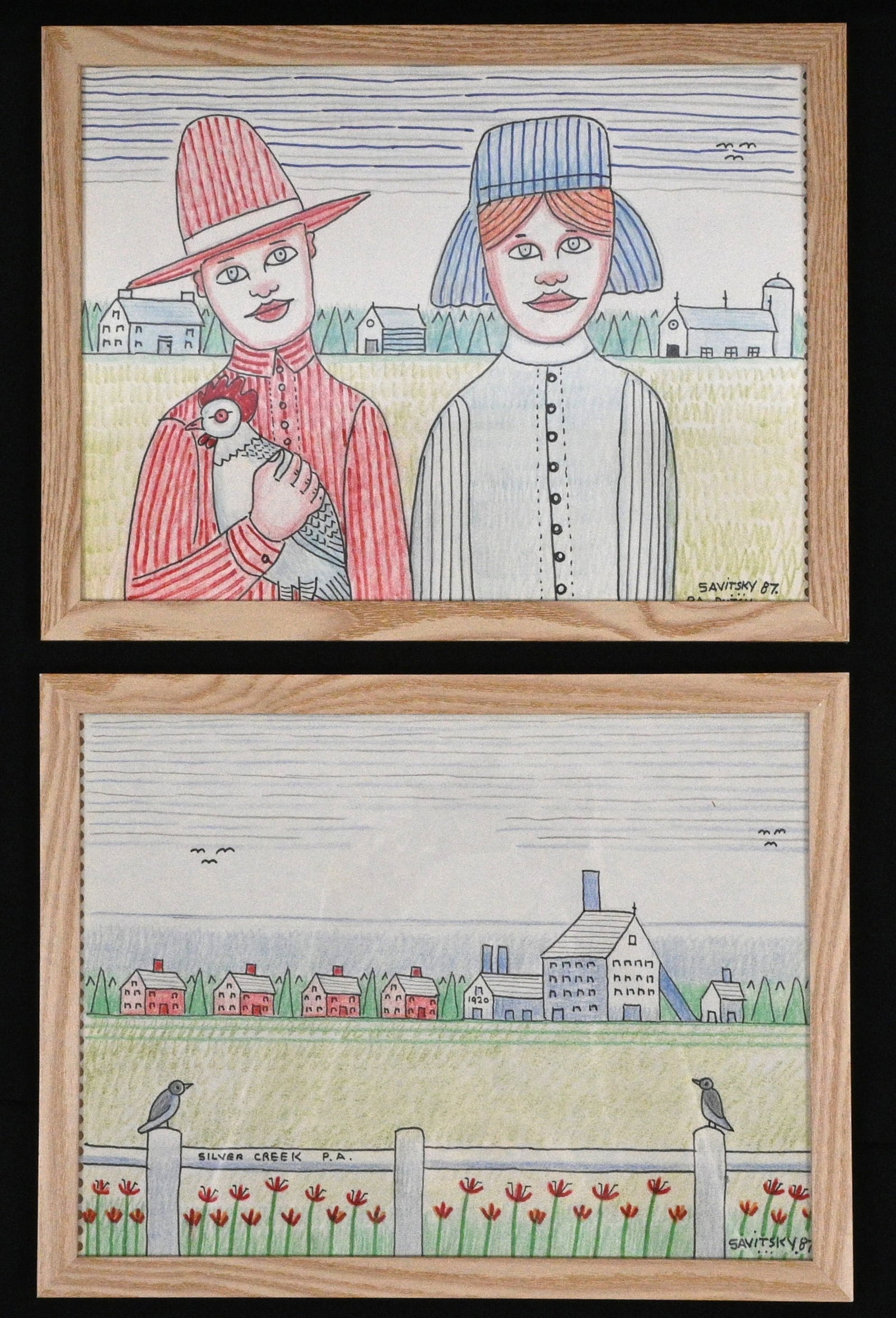 Jack Savitsky. P.A. Dutch & Silver Creek P.A: Jack Savitsky. (1910-1991) P.A. Dutch & Silver Creek P.A. 1987. Signed and Dated. Ink, crayon, and graphite on signed notebook paper. Excellent condition. Size with Frame: 10" H x 13" W. Provenance: P