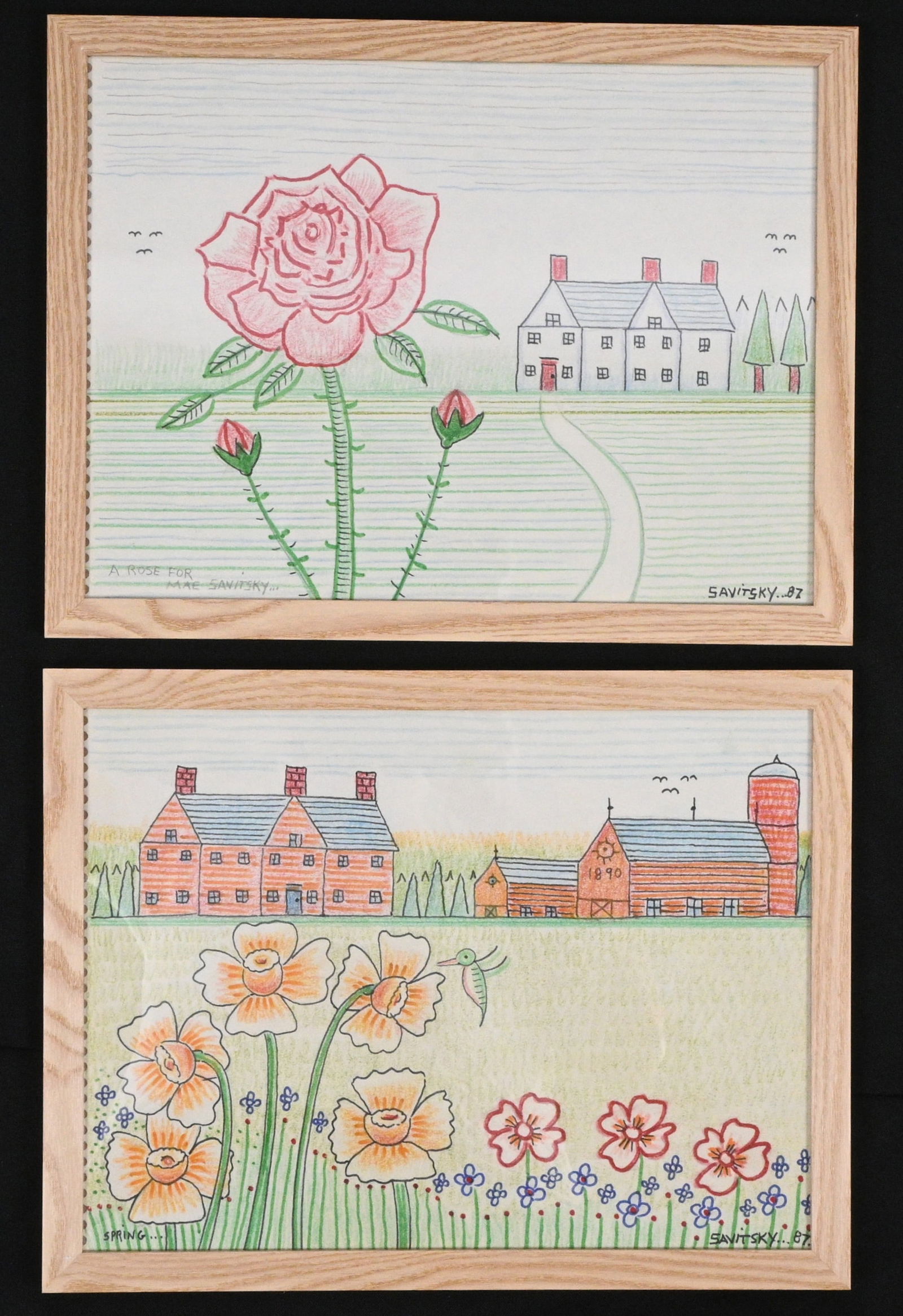 Jack Savitsky. A Rose for Mae Savitsky & Spring: Jack Savitsky. (1910-1991) A Rose for Mae Savitsky & Spring. 1987. Signed and Dated. Ink, crayon, and graphite on signed notebook paper. Excellent condition. Size with Frame: 10" H x 13" W. Provenance