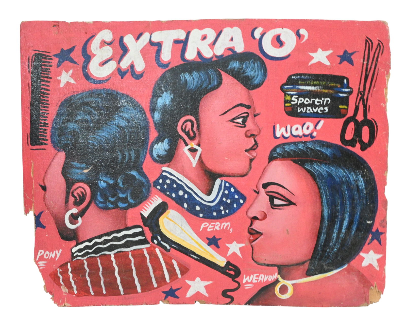 African Hair Sign from Ghana: African Hair Sign from Ghana. Pony, Perm, and Weavon Painted signboards from barber shops and hair-dressers in Ghana, Mali, Benin, Burkina Faso, Cote d'Ivoire, and Togo . Brightly painted in