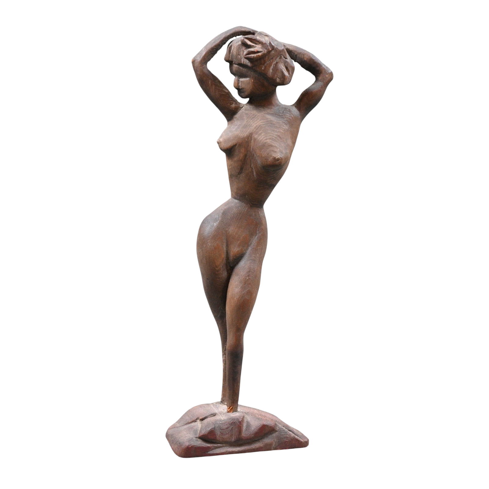 Nude Female in a Pose: Nude Female in a Pose. Carved wood. Good condition. Minor surface wear. Size: 9.5" H x 3" W x 1.5" D. Provenance: Private Kentucky Collection. Est. $50 - $200. Ship: In-House Shipping