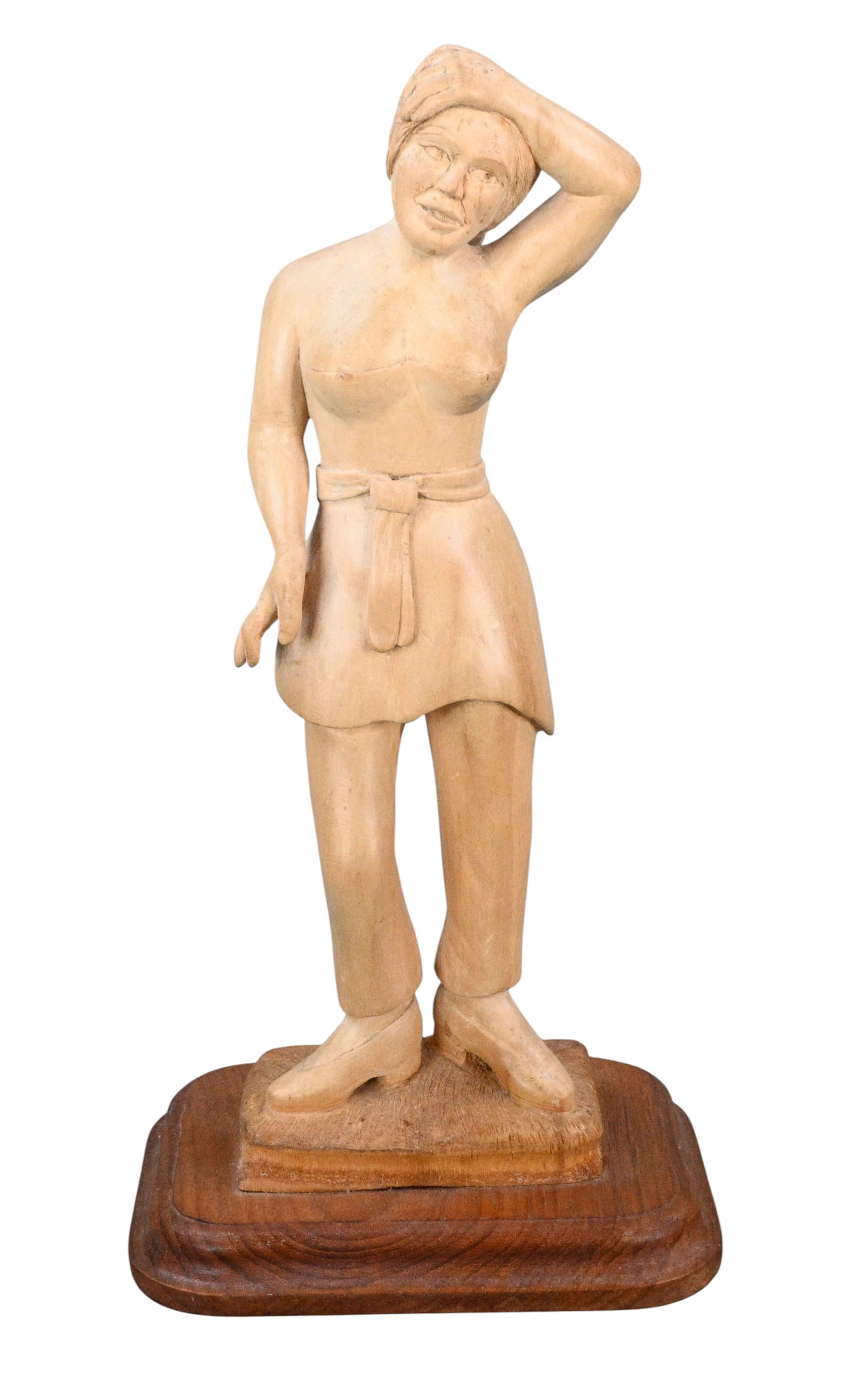 Carved Female Figure with Hand Across Forehead: Carved Female Figure with Hand Across Forehead. 1998. Signed and Dated. Appears to be signed "Machan" or "Machon" or "Machen". Very detailed carving with the hair. Excellent condition. Size: 