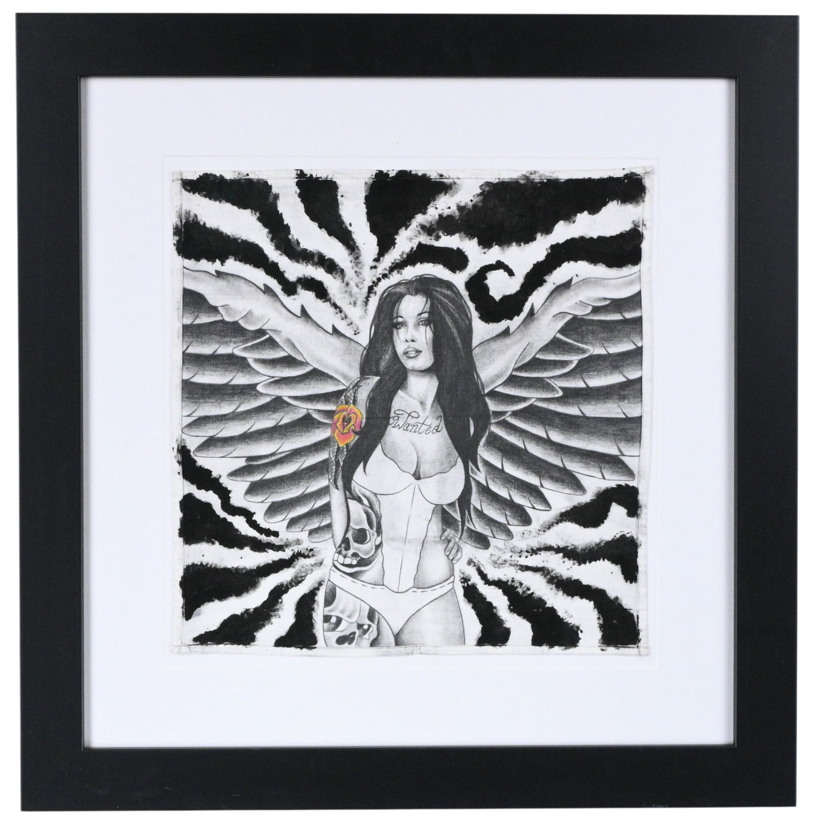 Prison Artist. Wanted Female Angel: Prison Artist. Wanted Female Angel. Ink on cloth. Excellent condition. Size: 15.5" H x 15.25" W. Size with Frame: 25.25" H x 24.75" W. Provenance: Private Georgia Collection (30+ years). 