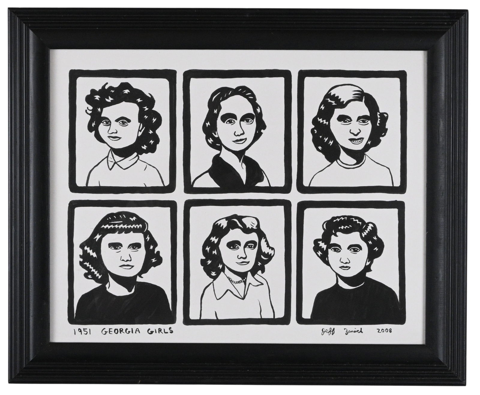 Jeff Zenick. 1951 Georgia Girls: Jeff Zenick. 1951 Georgia Girls. 2008. Signed and Dated. Pen and ink on paper. Excellent condition. Size with Frame: 13.75" H x 16.5" W. Provenance: Micki Beth Stiller Collection. Est. $100 - $300. <b