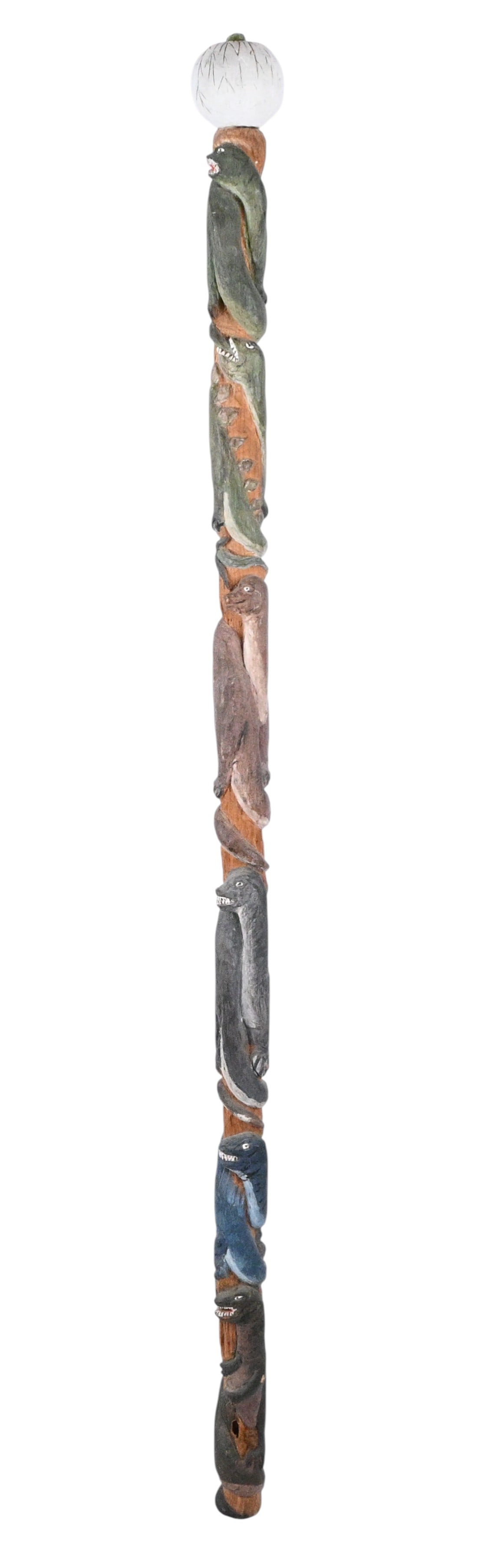 Dick Moshier. Wooden Dinosaur Cane: Dick Moshier. Wooden Dinosaur Cane.1994. Signed and Dated. Number 9. Good condition. A small notch out of a dinosaur nose. Size: 43.5" H. Provenance: Private Florida Collection. Consignor