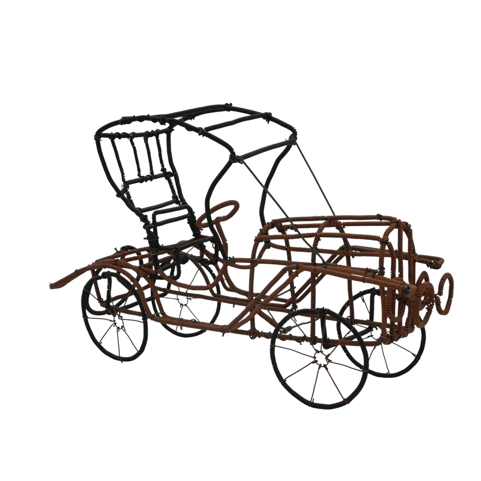 Clifton Eugene Dale. Early Touring Car Wire Sculpture: Clifton Eugene Dale. (1932-2005) Early Touring Car Wire Sculpture. Circa 1970. Folk art car made from colored telephone wire and found objects (brown and black). He is from Galax, VA and these cars we