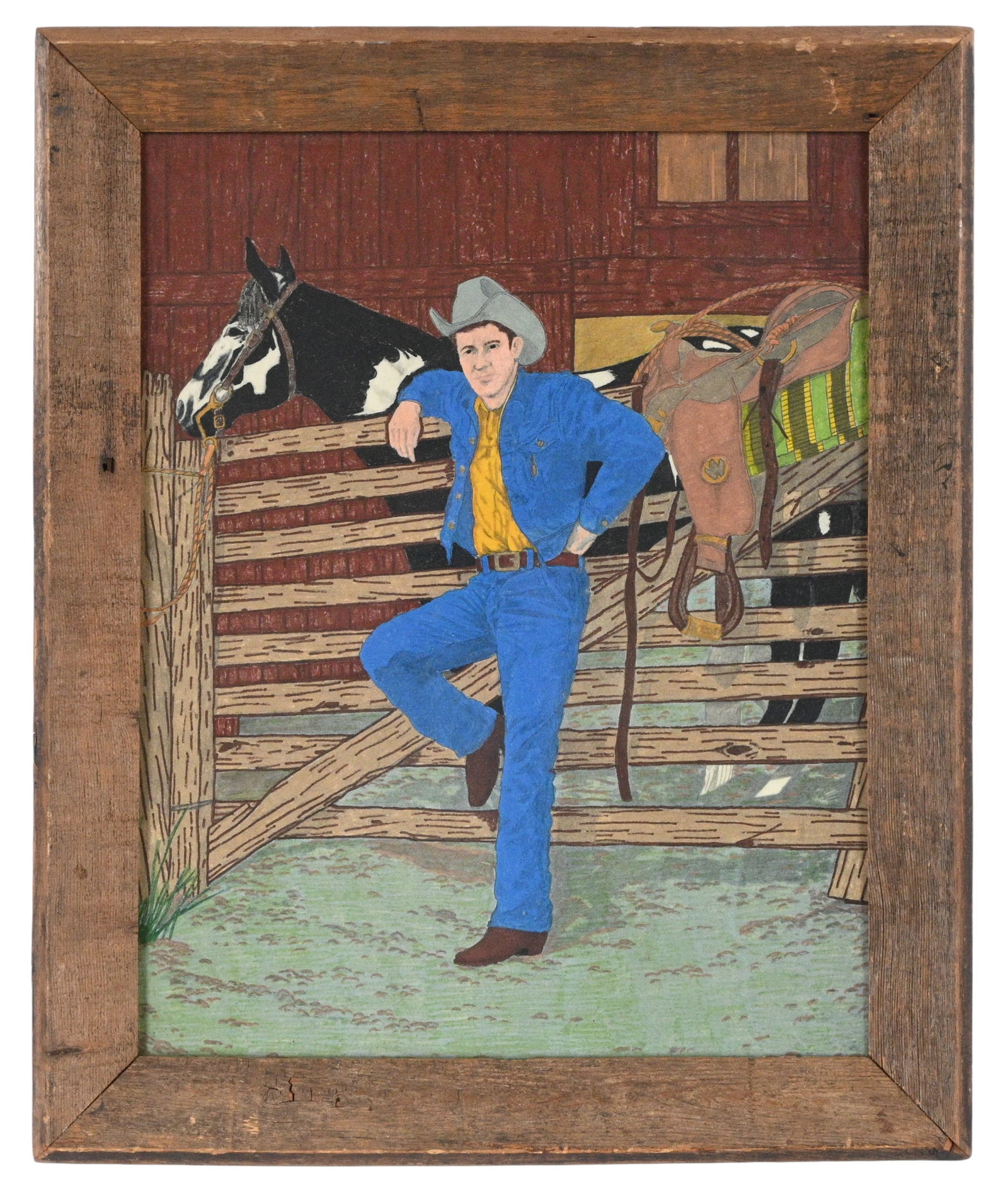 Cowboy at the Corral: Cowboy at the Corral. Marker on canvas board. Folk portrait of a young cowboy posed confidently beside a split-rail fence, his horse waiting just behind him ready to be saddled. Framed behind