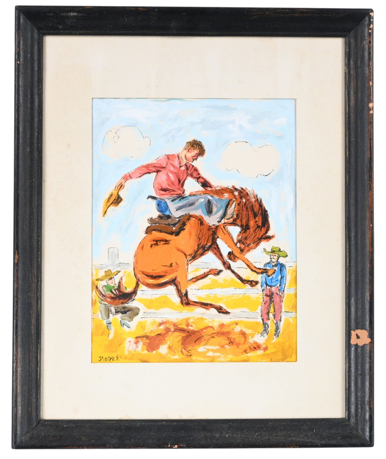 Pierre. Bronco Rider: Pierre. Bronco Rider.Signed. Watercolor on paper. Lively western folk scene depicting a cowboy thrown high in the saddle as a bucking horse kicks up dust in an open arena. Good condition. The