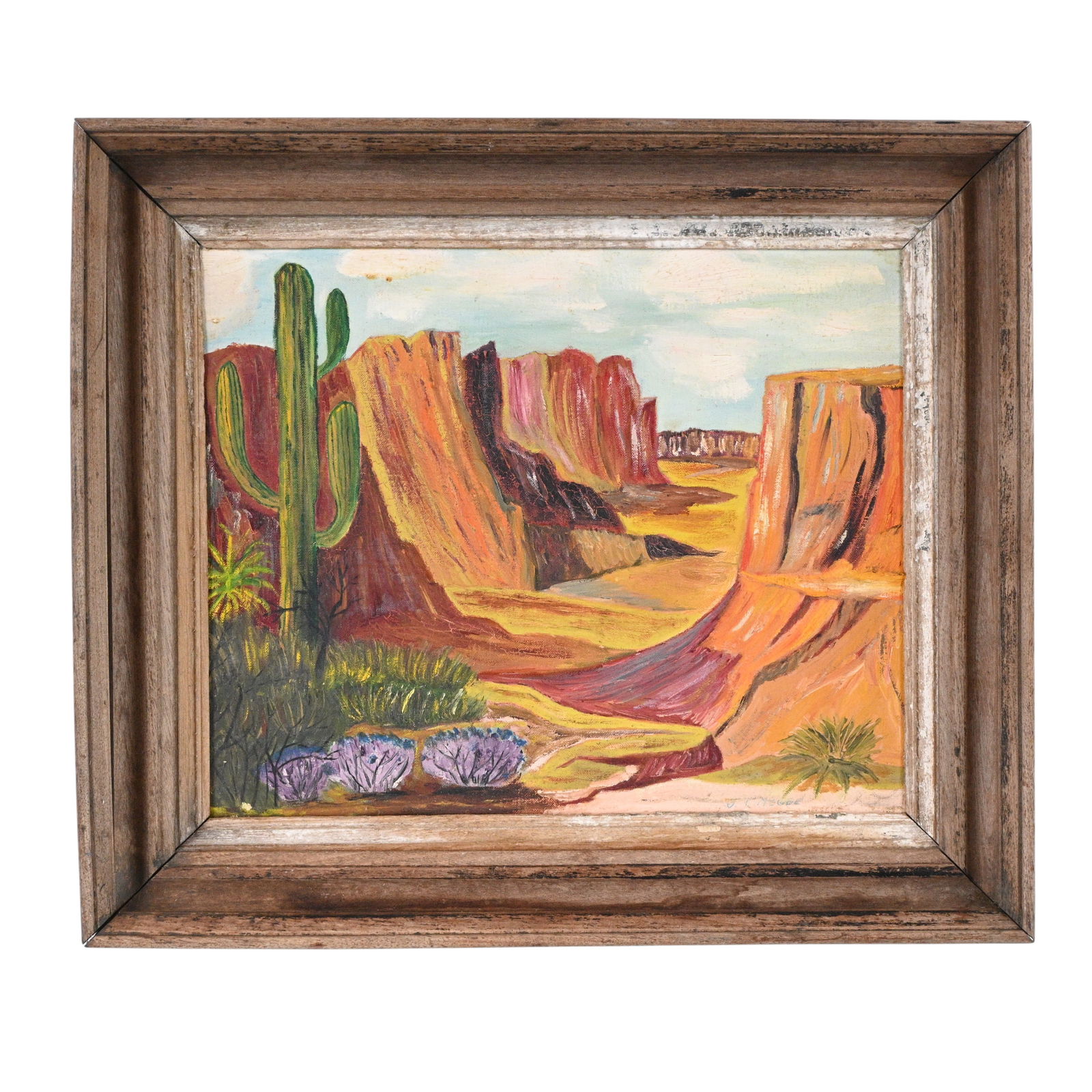 J.T. McGee. Southwestern Canyon Painting: J.T. McGee. Southwestern Canyon Painting. Signed. Oil on canvas board. Colorful folk landscape depicting a winding canyon flanked by towering red rock formations and a tall saguaro cactus in the foreg
