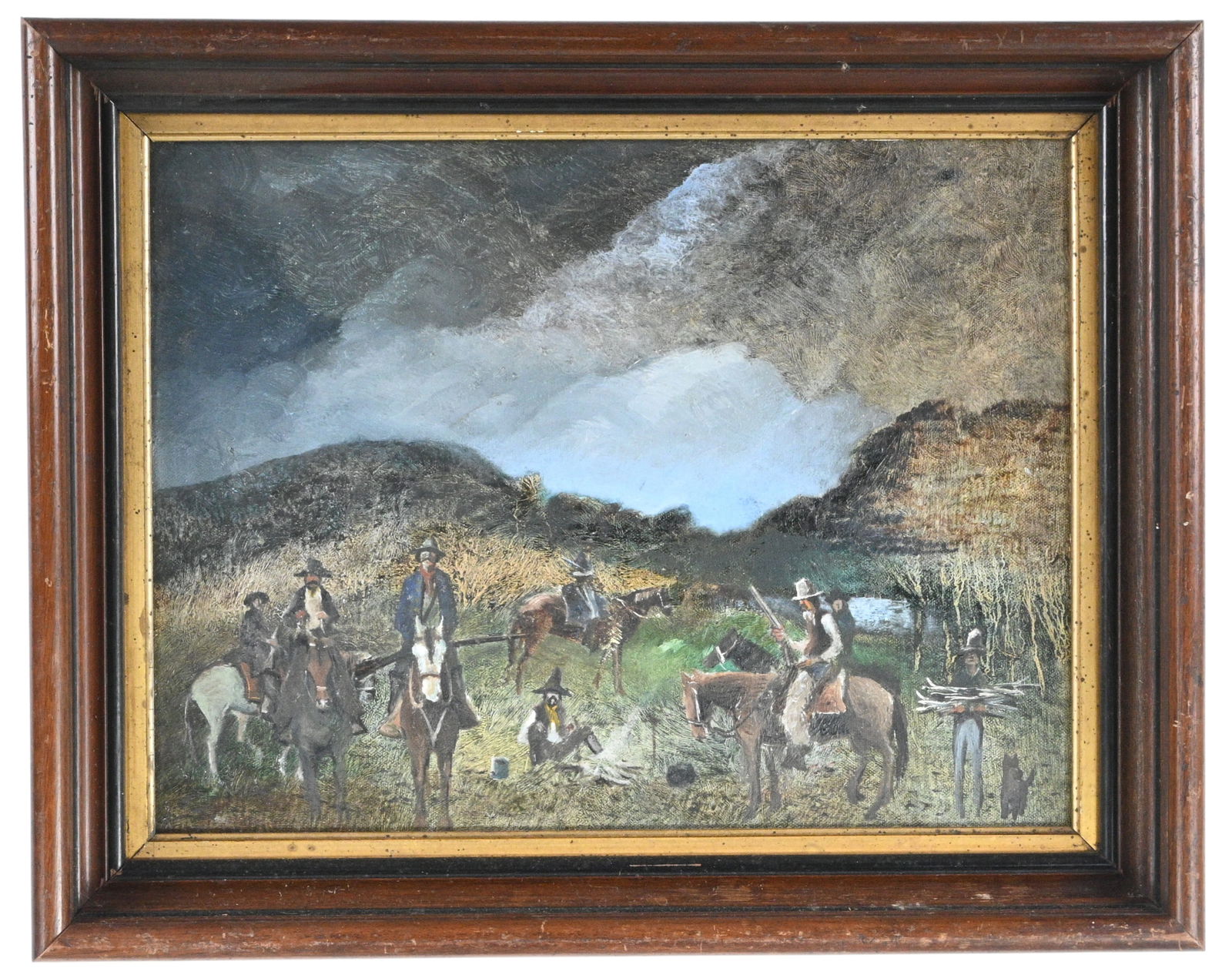 Cowboys in the Mountain Pass: Cowboys in the Mountain Pass. 1988. Initialed "H" on back paper and Dated. Oil on canvas. Painting depicting a group of cowboys gathered with their horses in a rugged mountain landscape beneath a
