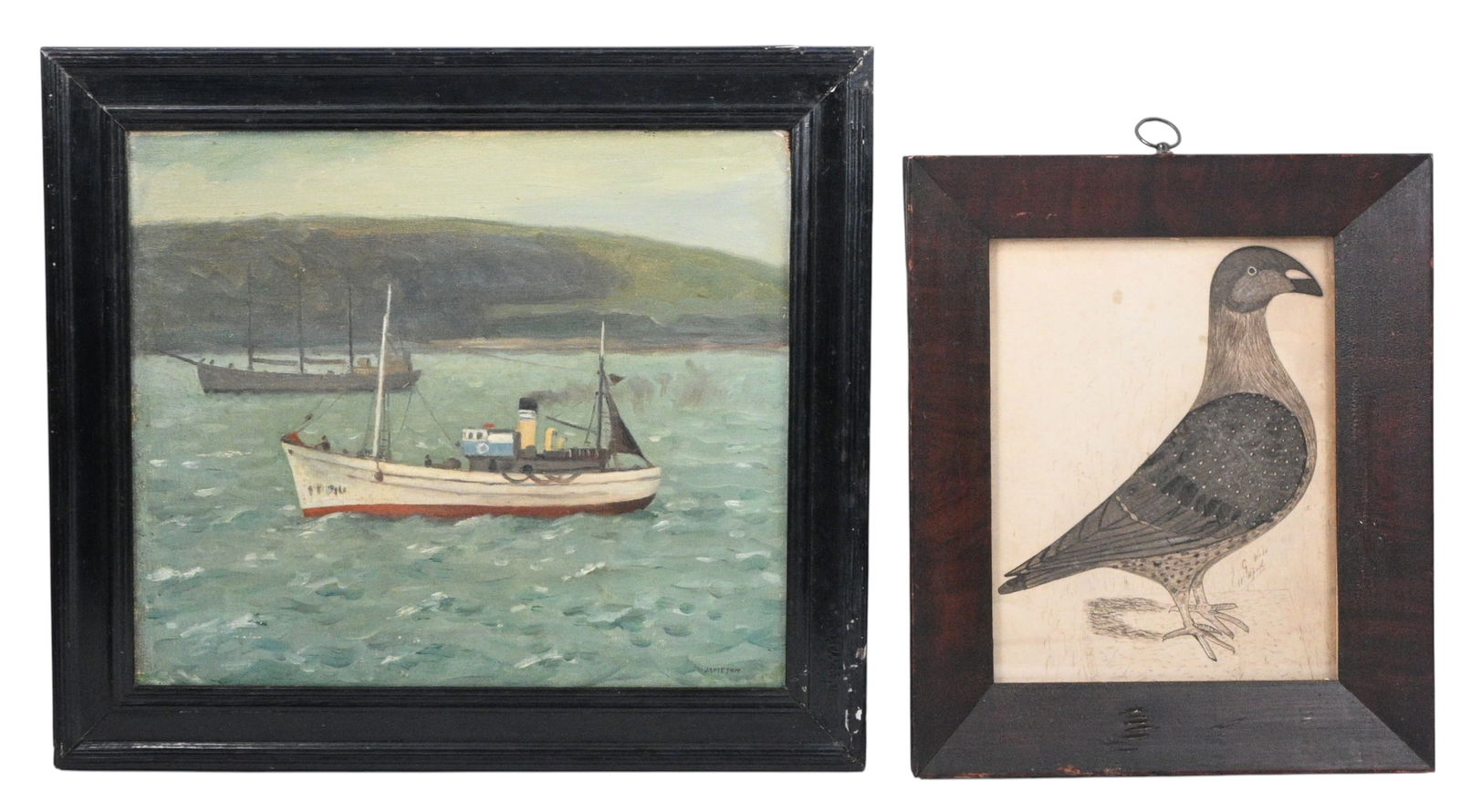 Pair of Antique Art Pieces: Pair of Antique Art Pieces. Signed. Boat is oil on masonite and bird is pencil and ink on paper behind glass. Boat is signed "Jameson". Bird is signed J.G. Watt. Good condition. Size with