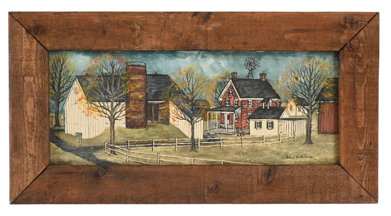 Deloris Haekenberger. Beiler Amish Farm: Deloris Haekenberger. Beiler Amish Farm.Signed and Titled. Paint on canvas board with a wooden frame. Excellent condition. Size: 5" H x 12" W. Size with Frame: 7.75" H x 14.75" W. Provenance: