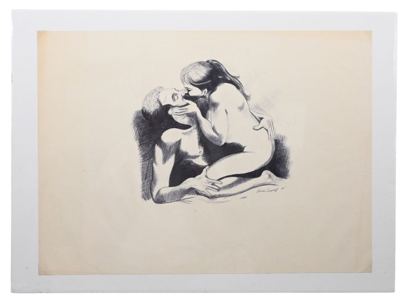 Lonnie Campbell. Kissing Erotic Couple: Lonnie Campbell. Kissing Erotic Couple. 1986. Signed and Dated. Ink on paper. Excellent condition. Size: 16.5" H x 18.5" W. Provenance: Larry Hackley Collection. Est. $20 - $100. Ship: In-House Sh