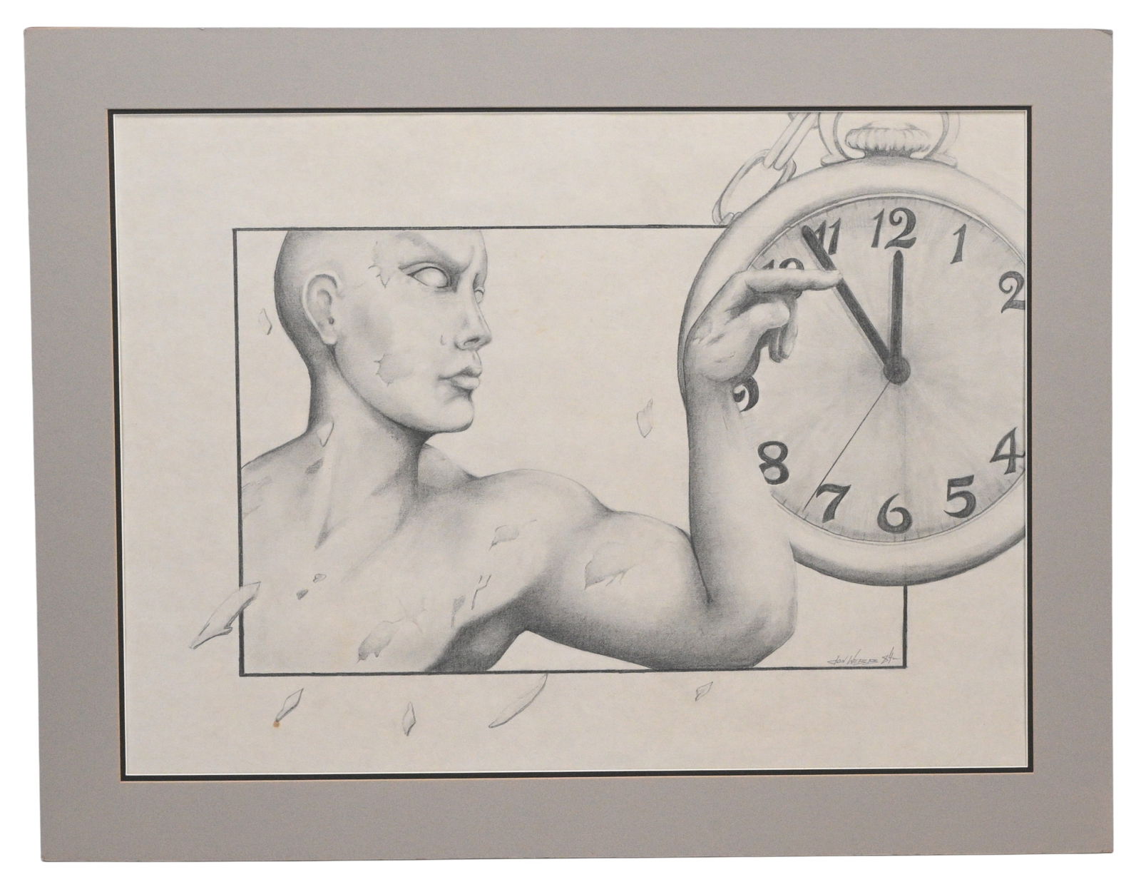 Jon Webb. Figure with Clock: Jon Webb. Figure with Clock. 1984. Signed and Dated. Graphite on paper. Excellent condition. Size: 21.5" H x 28" W with mat. Provenance: Larry Hackley Collection. Est. $20 - $100. Ship: In-House S