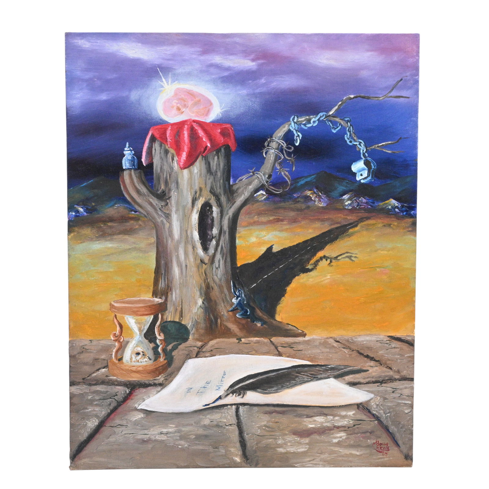 Doug Crews. In the Mirror Surreal Landscape Painting: Doug Crews. In the Mirror Surreal Landscape Painting.1985. Signed, Dated, and Titled. Oil on canvas board. Excellent condition. Size: 20" H x 16" W. Provenance: Larry Hackley Collection. 
