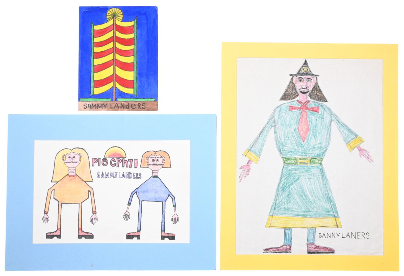 Sammy Landers. Group of Three: Sammy Landers. (b. 1957)Group of Three.Signed. Crayon on paper. Autistic artist who has been a client at Group Living and the Arkadelphia Human Development Center for most of his life. Good