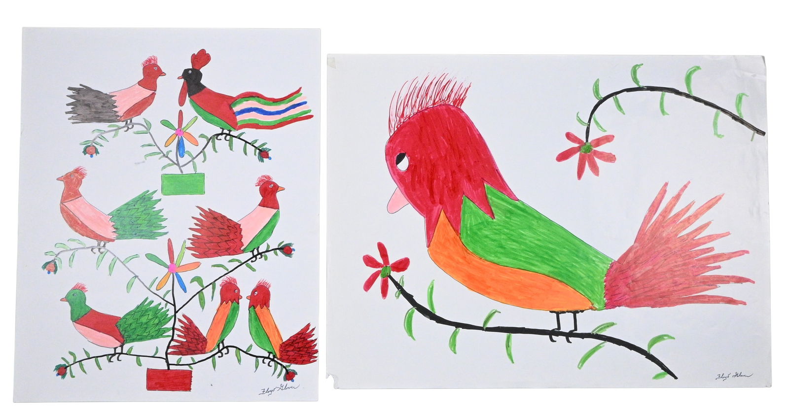 Floyd "Pussum" Glover. Pair of Drawings: Floyd "Pussum" Glover. Pair of Drawings. Signed. Marker on back of poster paper. Memphis artist. Fair Condition. A few sheet marks and loss to corner on larger bird piece. Size: Largest is 18" H x 24"