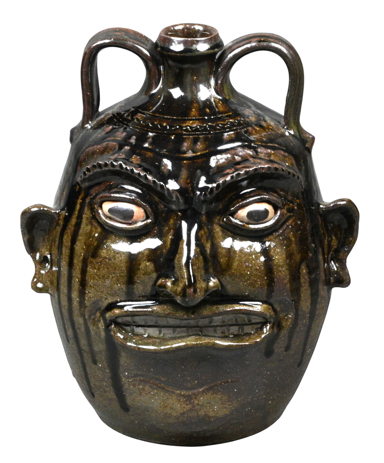 Clint Alderman. Face Jug: Clint Alderman. Face Jug. 2024. Signed and Dated. Mint condition. Size: 12" H. Provenance: Private Georgia Collection. Est. $200 - $400. Ship: In-House Shipping Available.