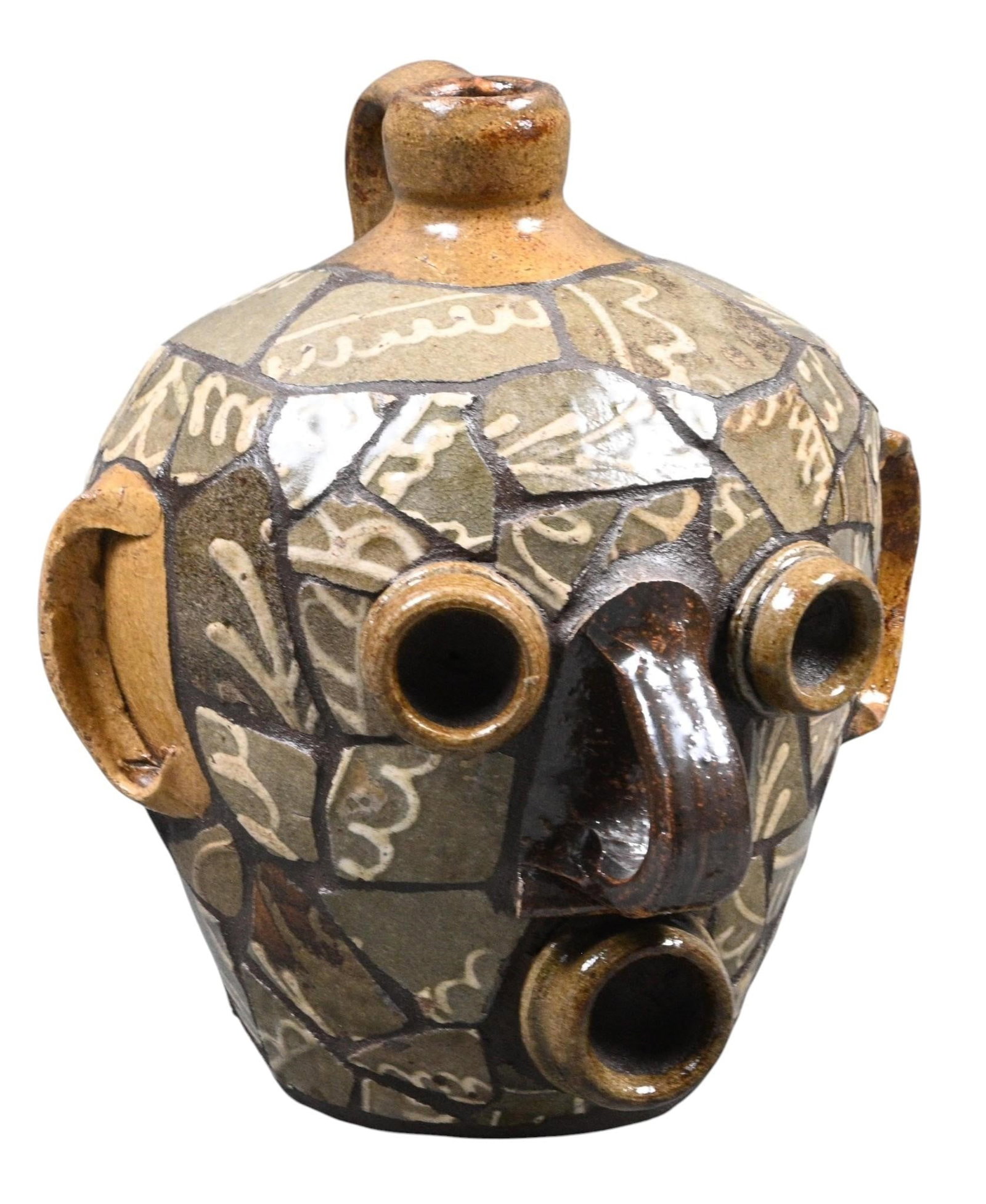 Eric Nygard. Face Jug with Phoenix Factory Shards: Eric Nygard. Face Jug with Phoenix Factory Shards. 2025. Signed and Dated. Solid jug (not hollow) assembled using shards found near Edgefield, SC. Mint condition. Size: 9" H. Provenance: Private