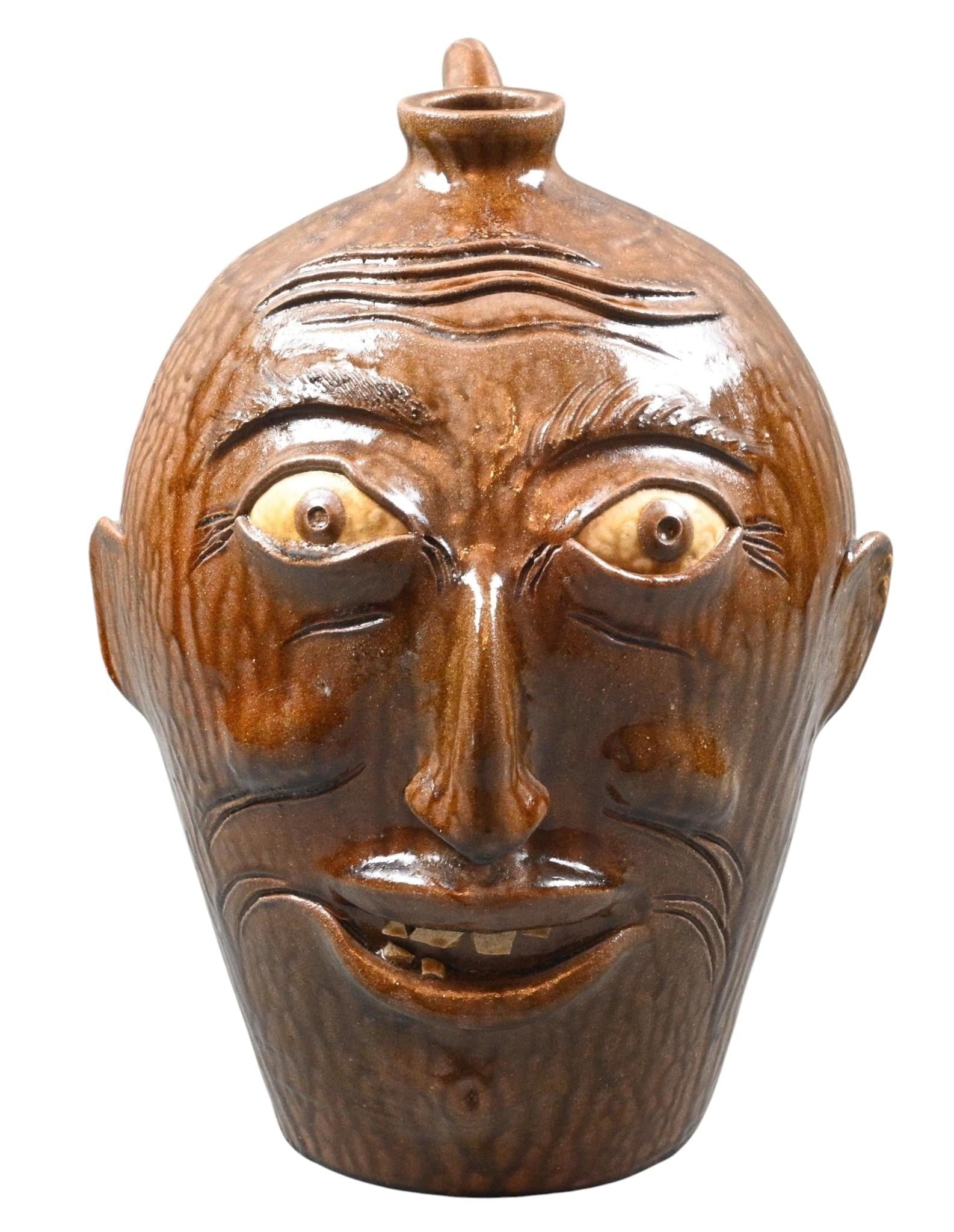 Charlie West. Large Face Jug: Charlie West. Large Face Jug. Signed. Mint condition. Size: 17" H. Provenance: Private Georgia Collection. Est. $200 - $400. Ship: In-House Shipping Available.