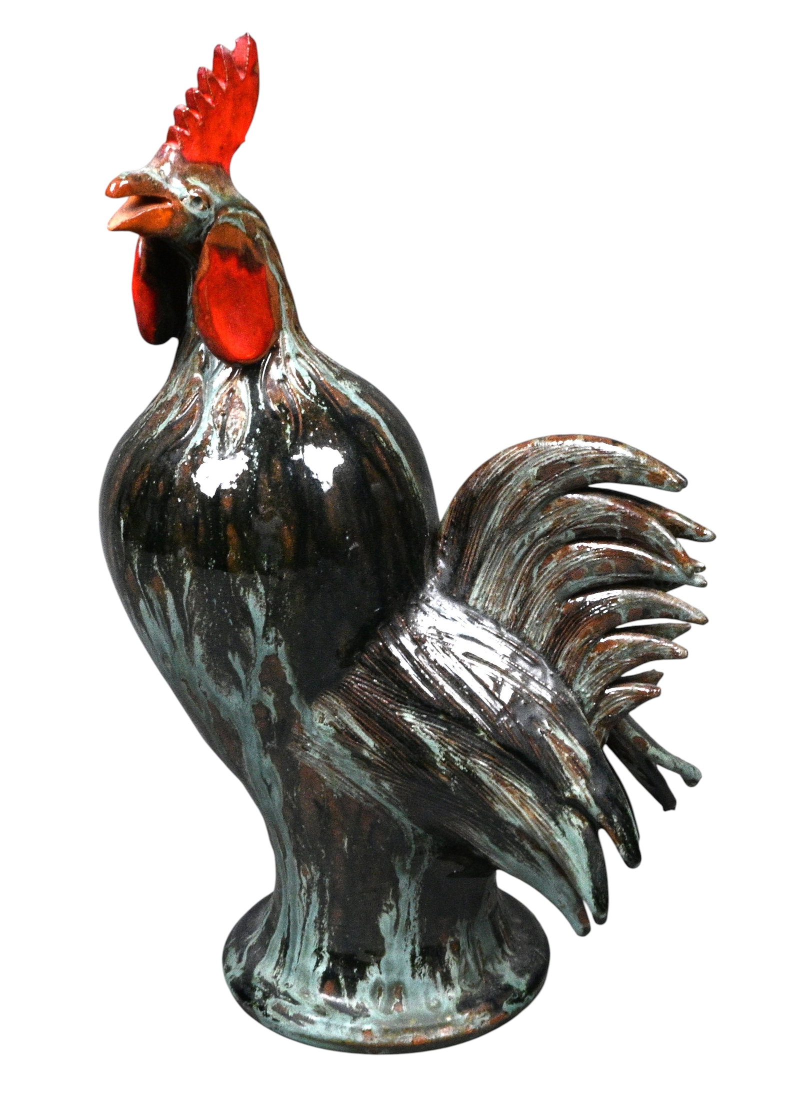Charlie West. Green & Brown Rooster: Charlie West. Green & Brown Rooster. Signed. Beautiful green and black drip glaze on a brown base. Mint condition. Size: 13.75" H. Provenance: Private Georgia Collection. Est. $200 - $400. Ship: