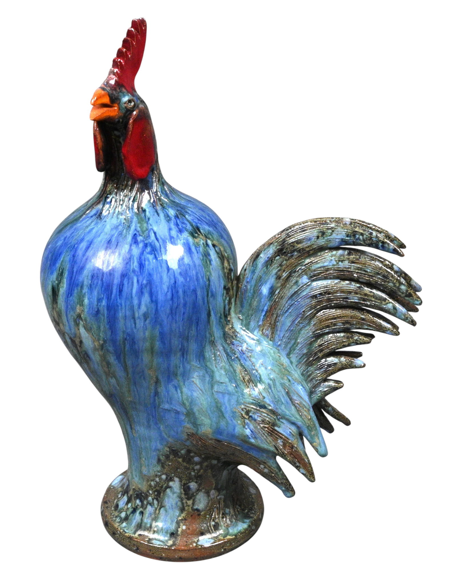 Charlie West. Blue & Green Rooster: Charlie West. Blue & Green Rooster. Signed. Beautiful blue and green drip glaze. Mint condition. Size: 14.5" H. Provenance: Private Georgia Collection. Est. $200 - $400. Ship: In-House Shipping