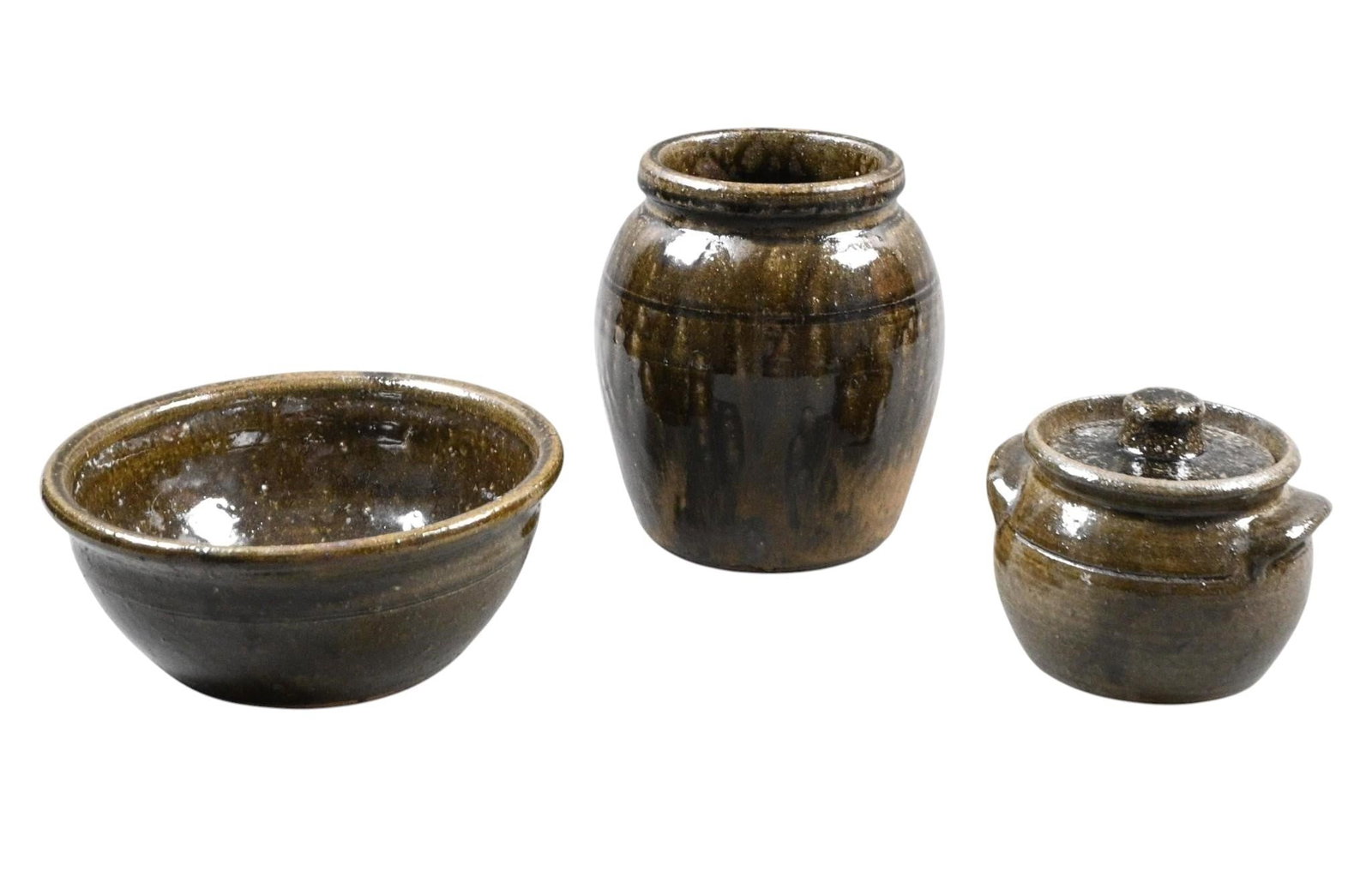 Lanier Meaders. Bowl & Pot Collection: Lanier Meaders. Bowl & Pot Collection. Signed. All pieces are signed. This is a great Lanier utilitarian collection. Mint condition. Size: Bowl is 8.75" diameter and largest pot is 7.5" H.