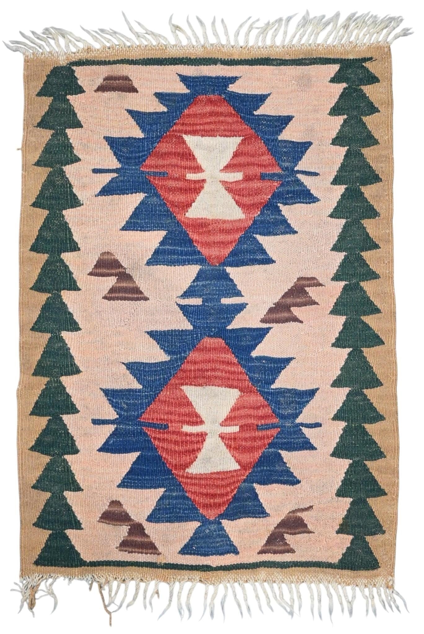 Southwestern Handwoven Wool Rug. Navajo Style: Southwestern Handwoven Wool Rug. Navajo Style. Featuring stacked diamond medallions enclosing cream hourglass motifs within blue stepped devices, flanked by green geometric borders and accented with