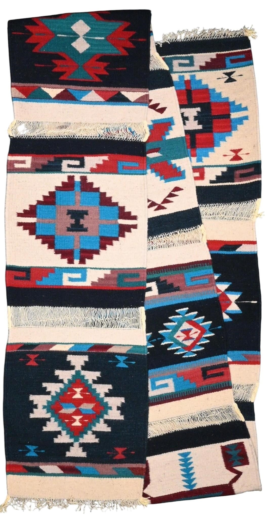 Southwestern Handwoven Wool Uncut Placemats. Navajo Style: Southwestern Handwoven Wool Uncut Placemats. Navajo Style. Eight handwoven Southwestern wool placemats linked and uncut, each decorated with bold geometric motifs inspired by Navajo and Chimayo textil