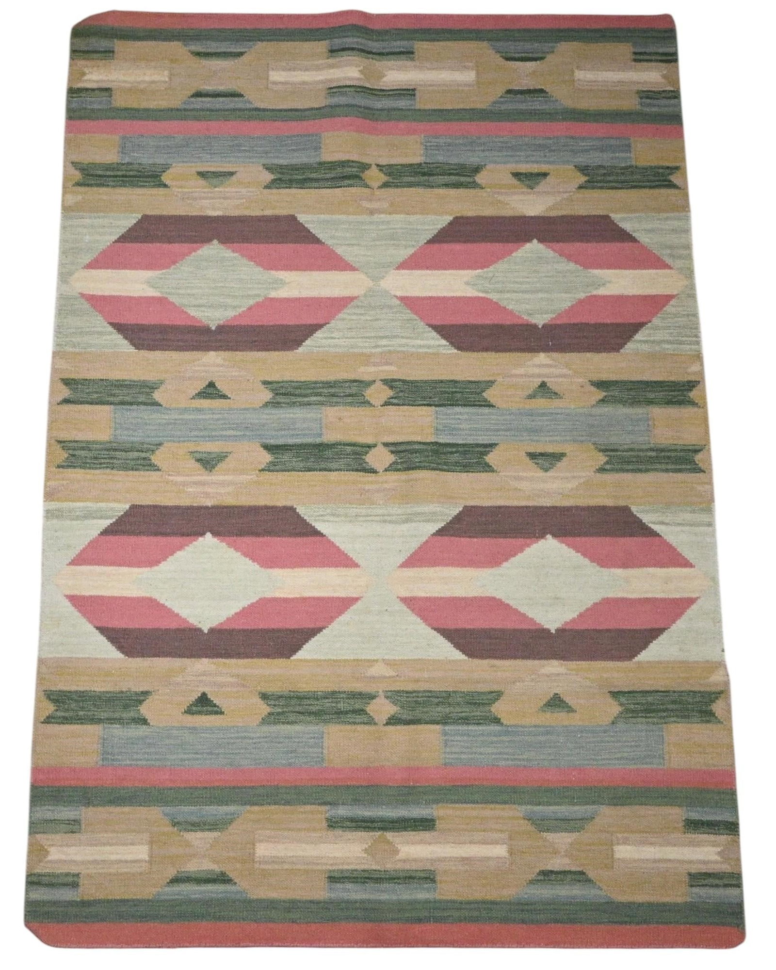 Southwestern Geometric Wool Area Rug. Navajo Style: Southwestern Geometric Wool Area Rug. Navajo Style. Handwoven wool area rug decorated with repeating diamond medallions and geometric motifs inspired by Navajo waving traditions. Good condition.
