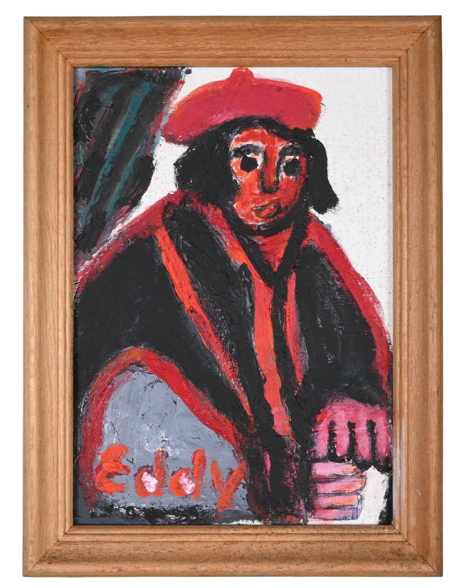 Eddy Mumma. Portrait with Orange/Red Beret: Eddy Mumma. (1908-1986) Portrait with Orange/Red Beret. Signed. Heavy oil on canvas board. Good condition. Some spotting on white canvas. Size: 14" H x 10" W. Size with Frame: 16" H x 12" W. Provenanc