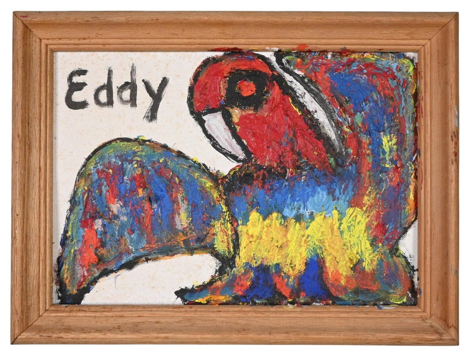 Eddy Mumma. Colorful Parrot: Eddy Mumma. (1908-1986) Colorful Parrot. Signed. Heavy oil on canvas board. Good condition. Some spotting on canvas. Size: 10" H x 14" W. Size with Frame: 12" H x 16" W. Provenance: Direct from the Bi
