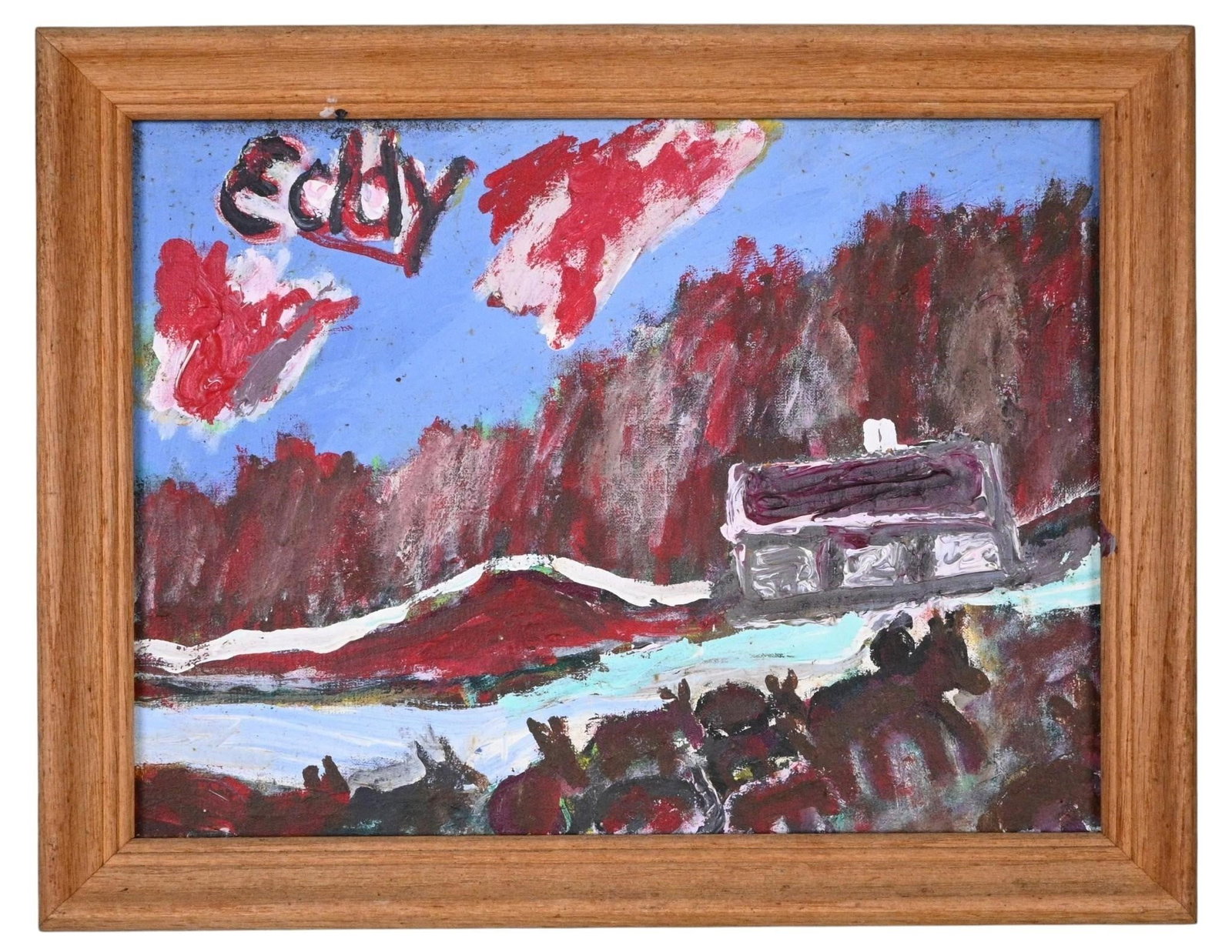 Eddy Mumma. Rural Landscape with Cabin: Eddy Mumma. (1908-1986) Rural Landscape with Cabin. Signed. Heavy oil on canvas board. Good condition. Some spotting on canvas. Size: 12" H x 16" W. Size with Frame: 14.25" H x 18.25" W. Provenance: D