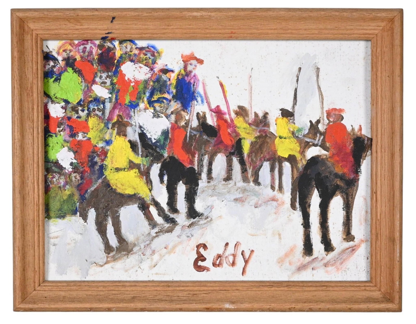 Eddy Mumma. Mounted Procession: Eddy Mumma. (1908-1986) Mounted Procession. Signed. Heavy oil on canvas board. Good condition. Some spotting on canvas. Size: 12" H x 16" W. Size with Frame: 14.25" H x 18.25" W. Provenance: Direct fr