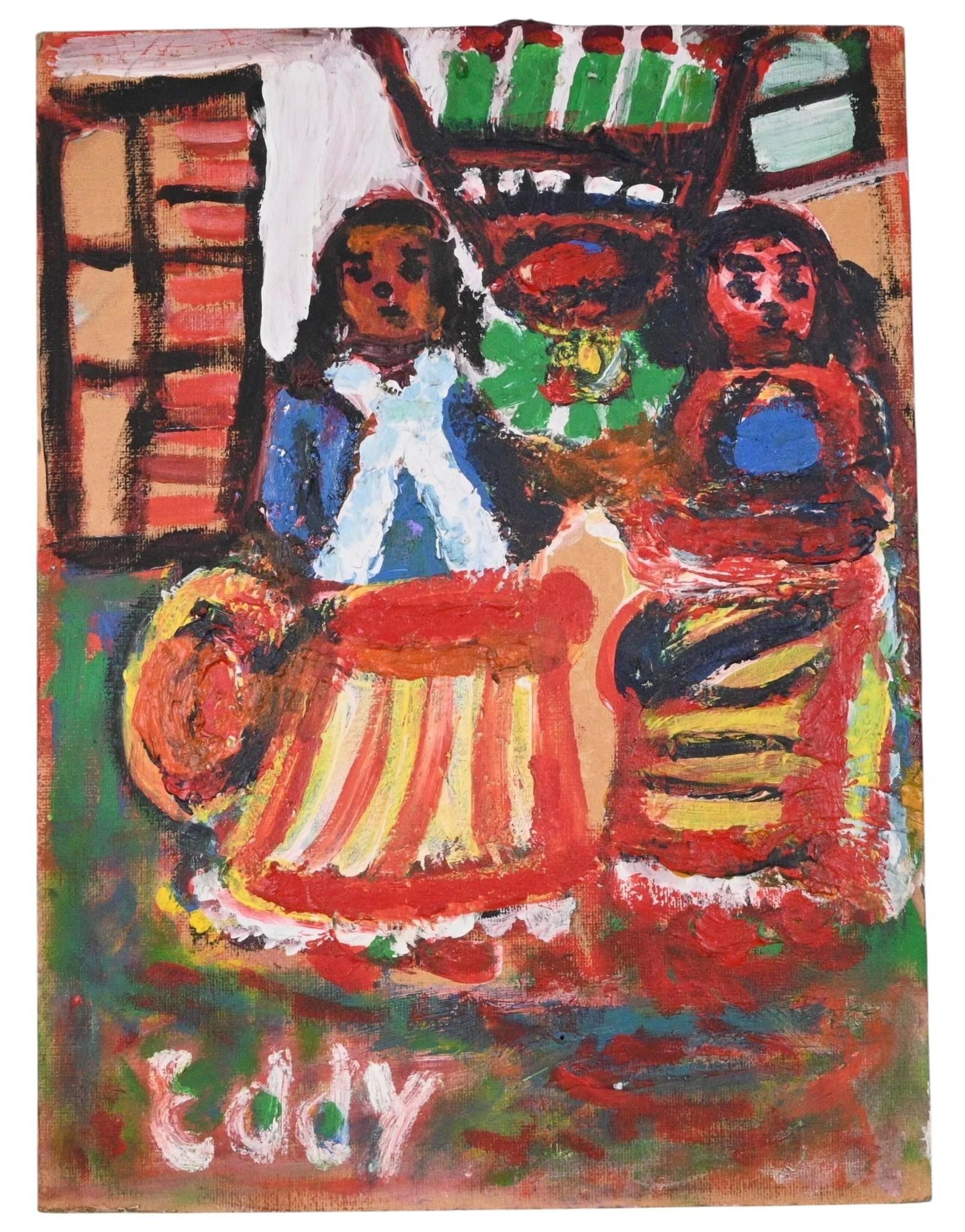 Eddy Mumma. Interior with Two Figures: Eddy Mumma. (1908-1986) Interior with Two Figures. Signed. Heavy oil on paper board. Excellent condition. Size: 16" H x 12" W. Provenance: Direct from the Bill Arnett Collection. Net proceeds from thi