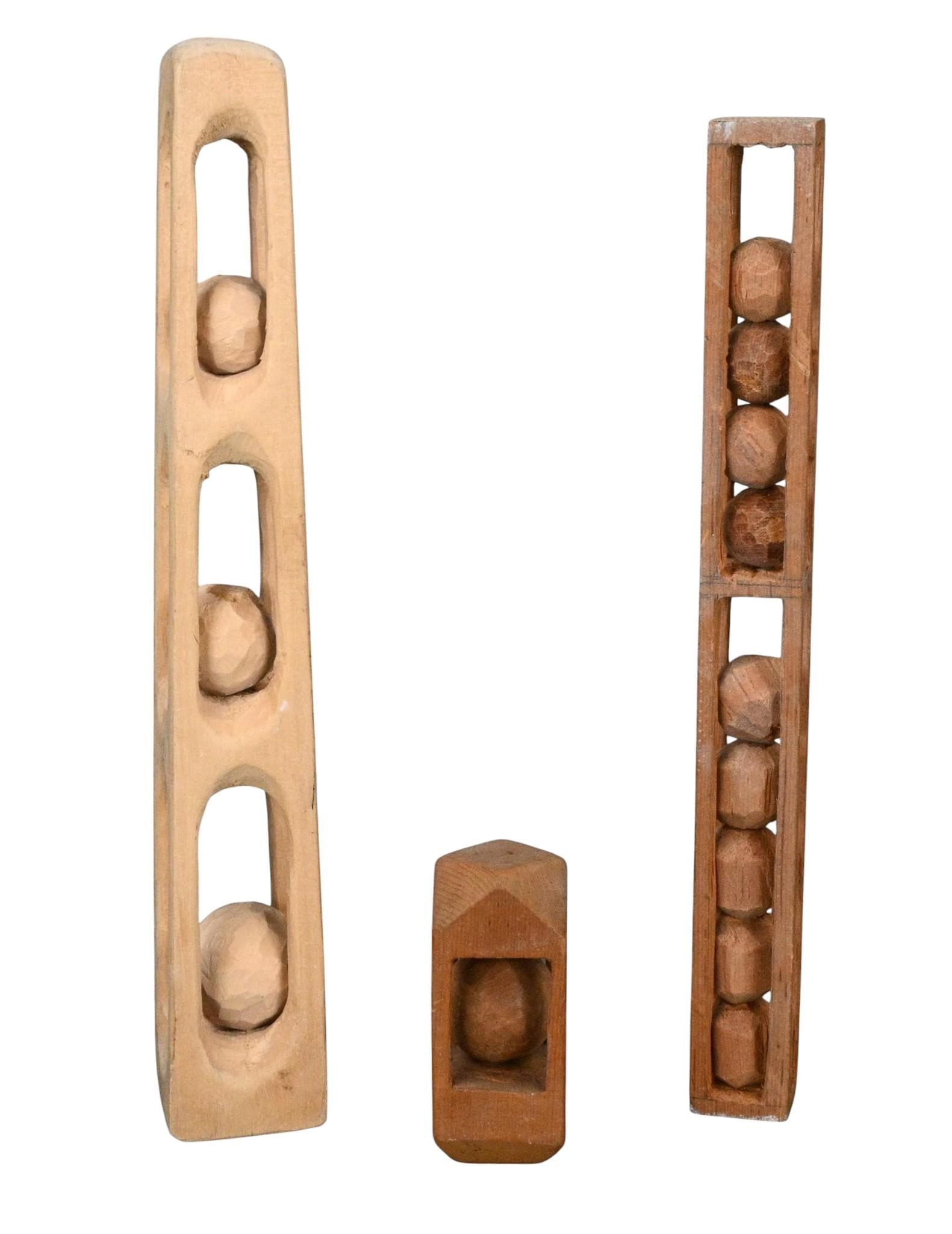 Collection of Three Hand Carved Wooden Captive Ball Whimsies (1 of 7)