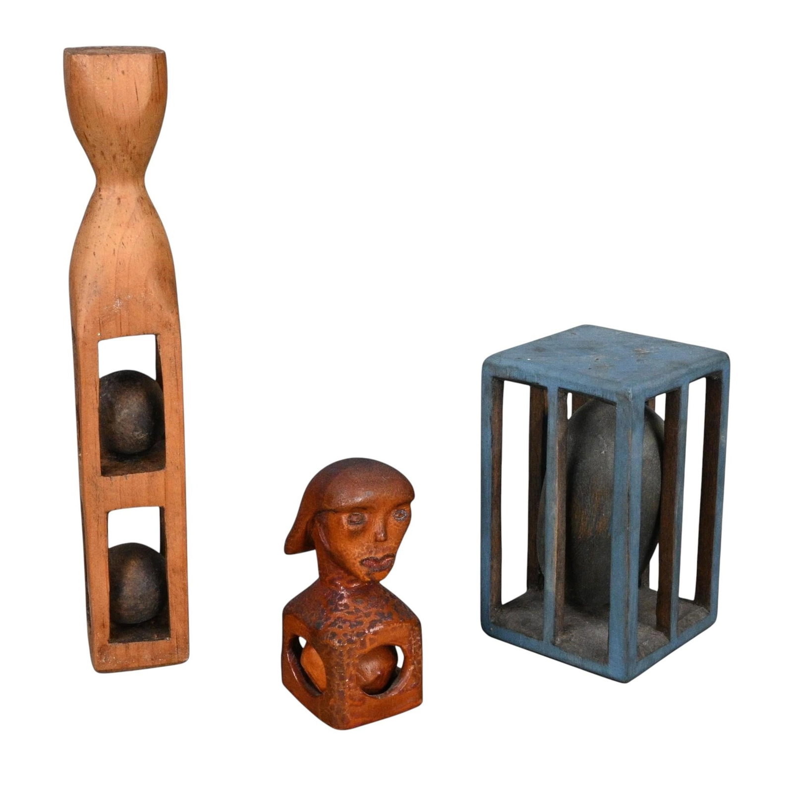 Group of Three Complex Ball in Cage Whimsies: Group of Three Complex Ball in Cage Whimsies. Not Signed. This collection of ball in cage whimsies includes a very rare form of a figural bust with a wooden ball enclosed below. There is also a