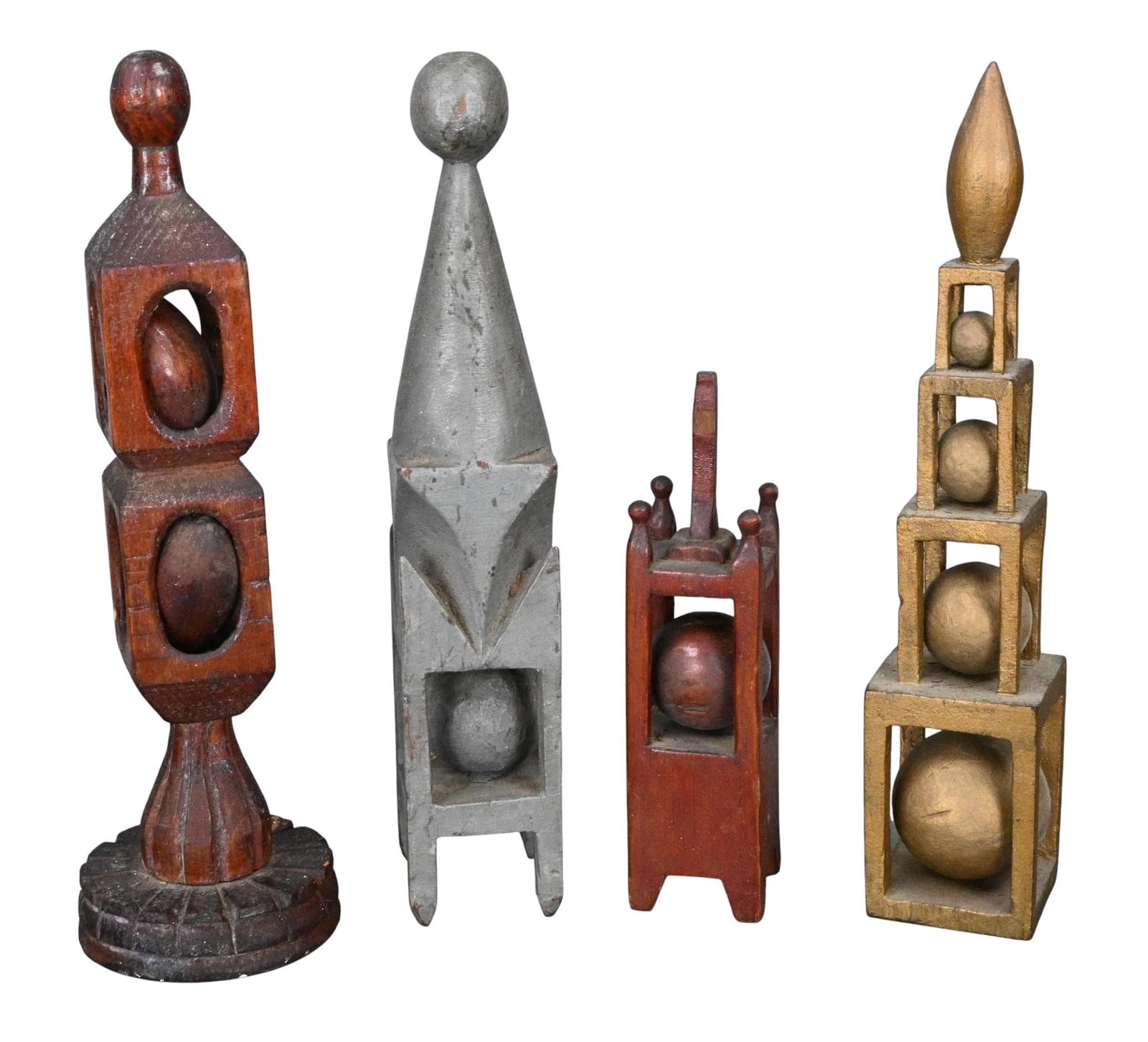 Four Architectural Whimsies: Four Architectural Whimsies. One is signed and dated. Collection of four hand carved wooden captive ball carvings executed from single blocks of wood. The group includes sculptural tower and