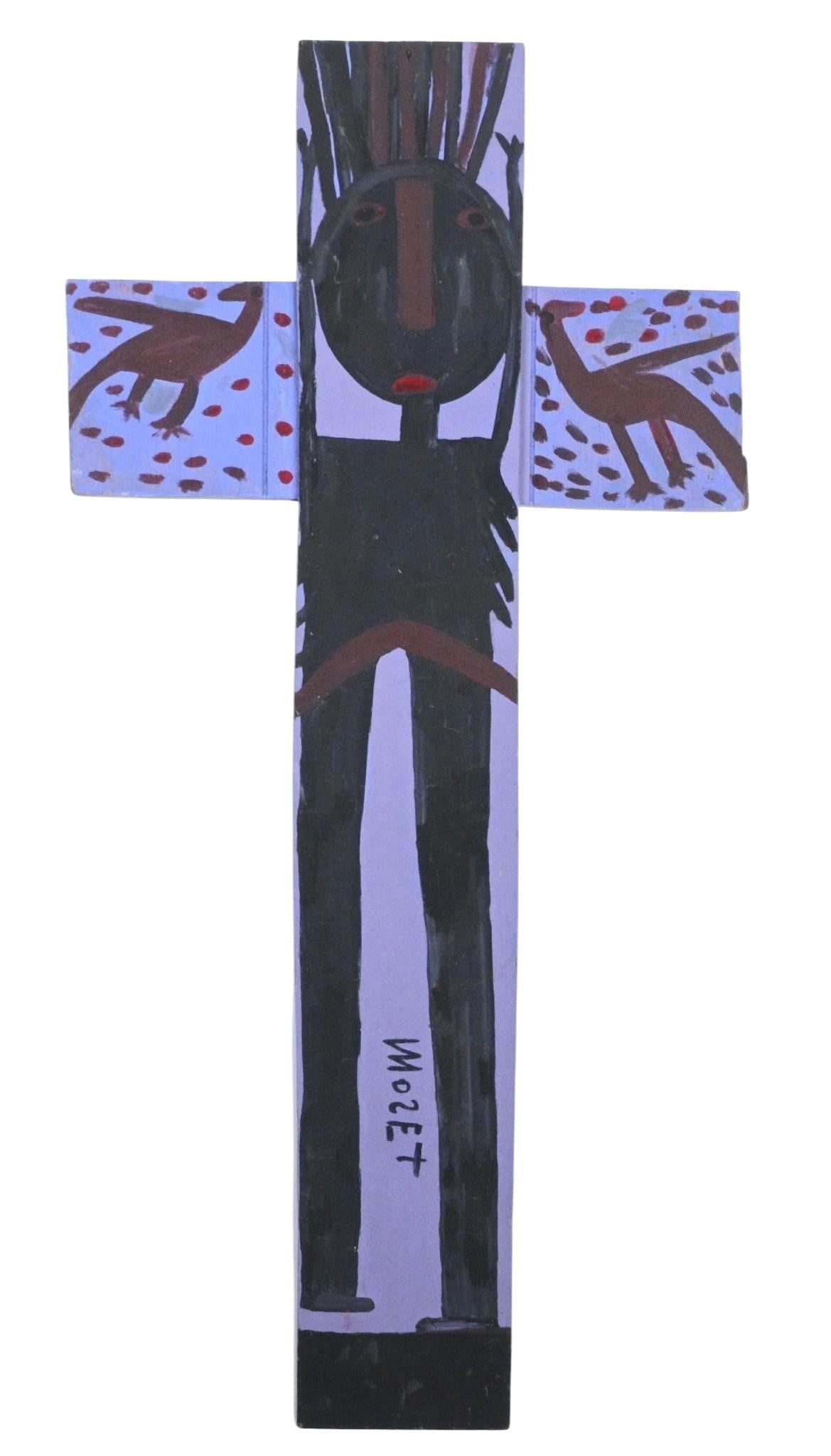 Mose Tolliver. Jesus on the Cross Painting: Mose Tolliver. (1925-2006) Jesus on the Cross Painting. 1988. Signed and Dated. Paint on thin wood boards. Signature bottle top hanger on back. Good condition. Some surface scratches and wear which is