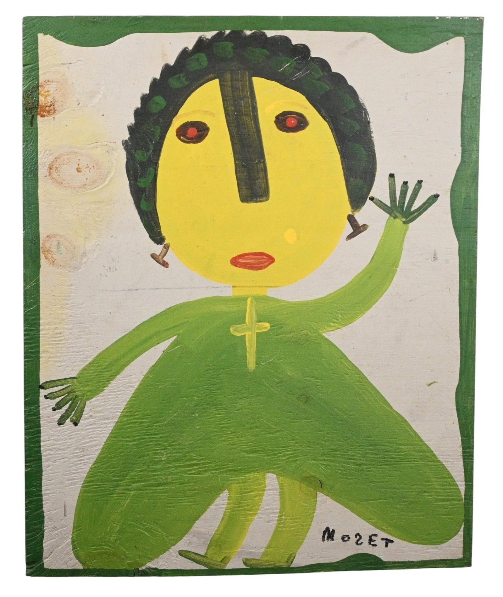 Mose Tolliver. Woman with Cross Painting: Mose Tolliver. (1925-2006) Woman with Cross Painting. Signed. Paint on wood. Signature bottle top hanger on back. Painted folk art portrait of a woman in a green dress wearing a cross necklace, one