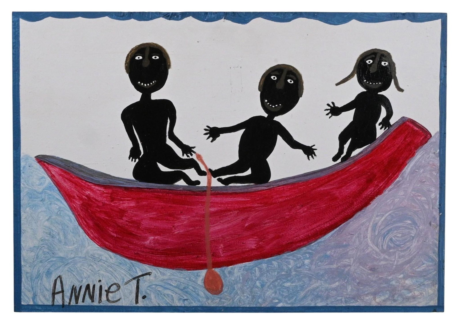 Annie Tolliver. My Three Children Riding In Boat Painting: Annie Tolliver. (1950-2018) My Three Children Riding In Boat Painting. 2004. Signed, Dated, and Titled. Paint on wood. Very rare example. Signature bottle top hanger on back. Alabama folk art painting