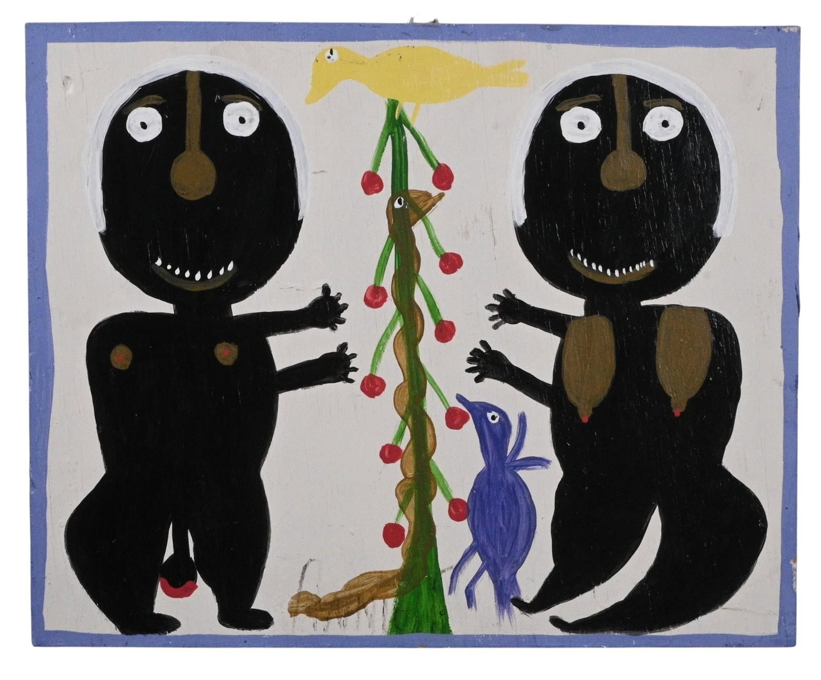 Annie Tolliver. Adam & Eve Painting: Annie Tolliver. (1950-2018) Adam & Eve Painting. 2005. Signed, Dated, and Titled. Paint on wood. Signature bottle top hanger on back. Alabama folk art painting depicting Adam and Eve in the Garden of 