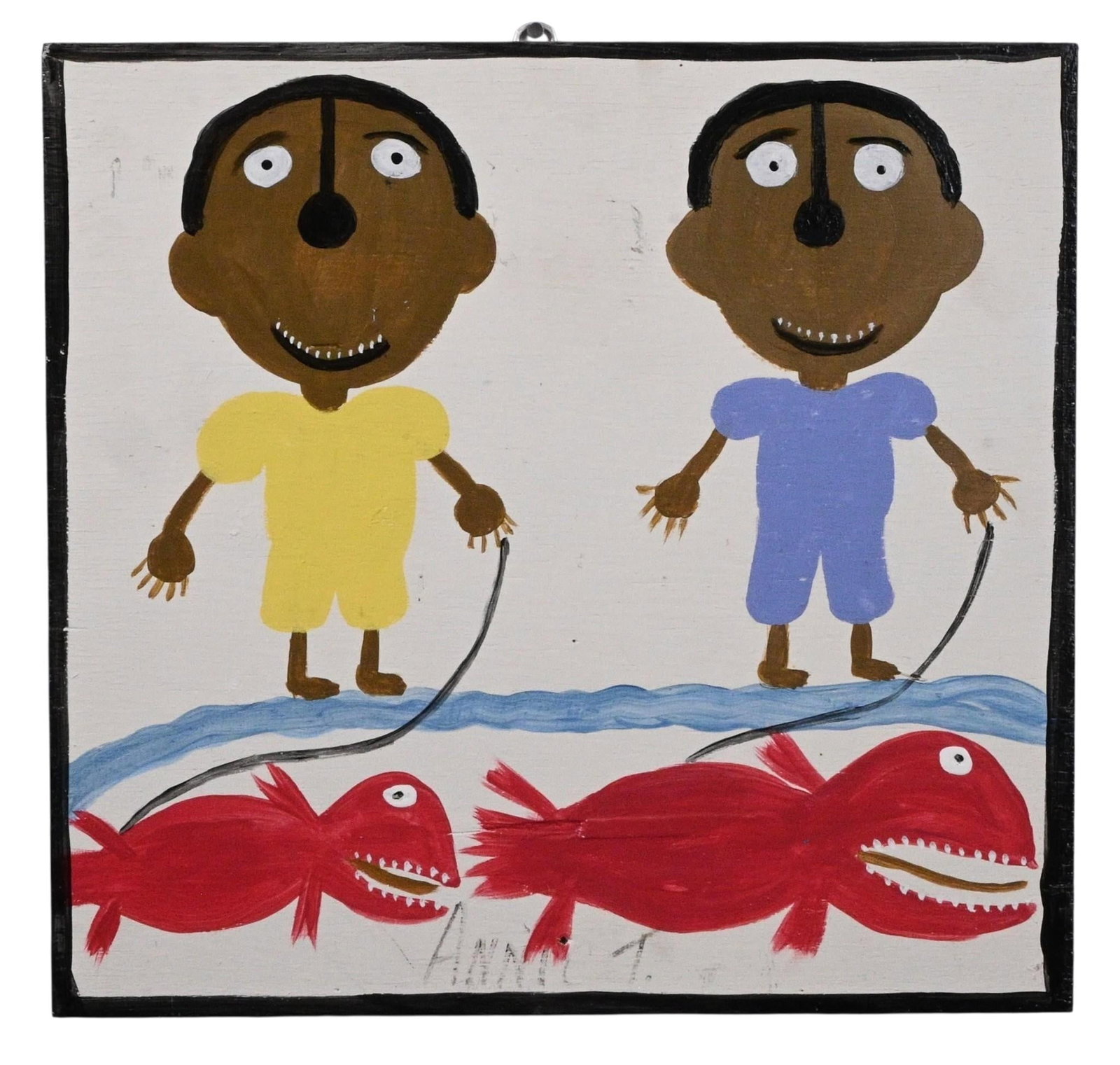 Annie Tolliver. My Two Sons Fishing for Red Snapper Painting: Annie Tolliver. (1950-2018) My Two Sons Fishing for Red Snapper Painting. 2005. Signed, Dated, and Titled. Paint on wood. Signature bottle top hanger on back. Painted scene depicting Annie's two sons 