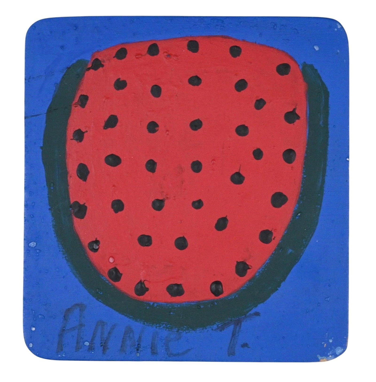 Annie Tolliver. Small Watermelon Hot Plate: Annie Tolliver. (1950-2018) Small Watermelon Hot Plate. 2015. Signed, Dated, and Titled. Paint on a small wooden hot plate. Good condition. Some edge wear. Size: 1.5" H x 6.25" W x 6.75" D. Provenance