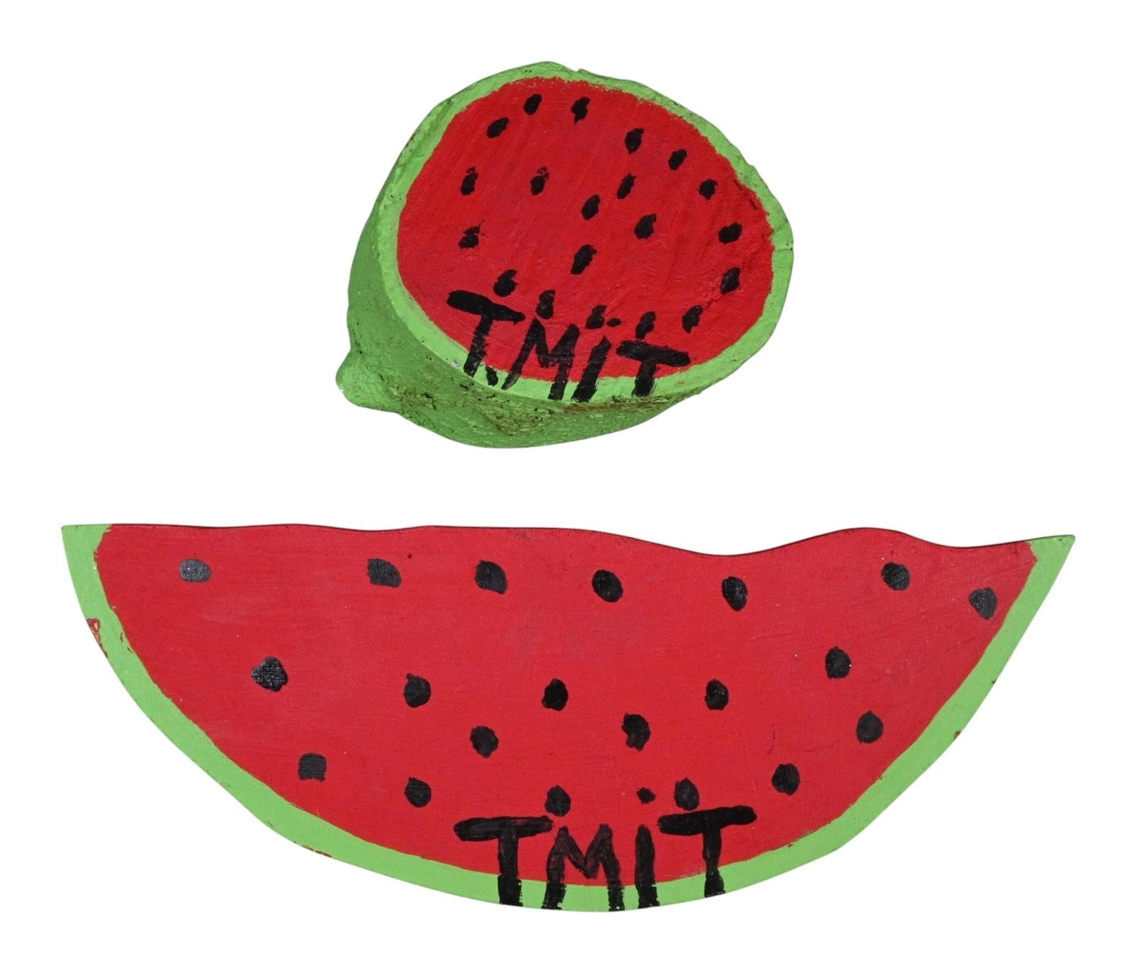 Tim Tolliver. Pair of Watermelon: Tim Tolliver. Pair of Watermelon. Signed. Paint on small tree stump and thin wood board. Birmingham, AL artist. Grandson of Mose Tolliver and son of Annie Tolliver. Excellent condition. Size: Largest 