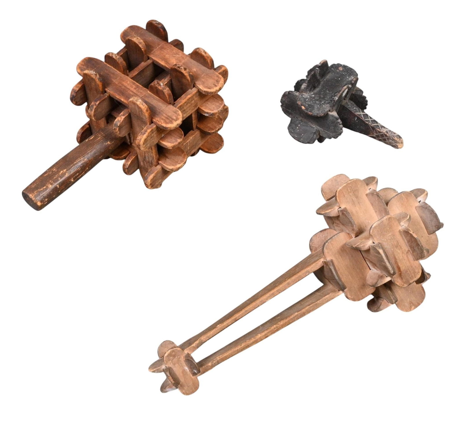 Three Small Carved Interlocking Wooden Puzzle Rattles (1 of 8)