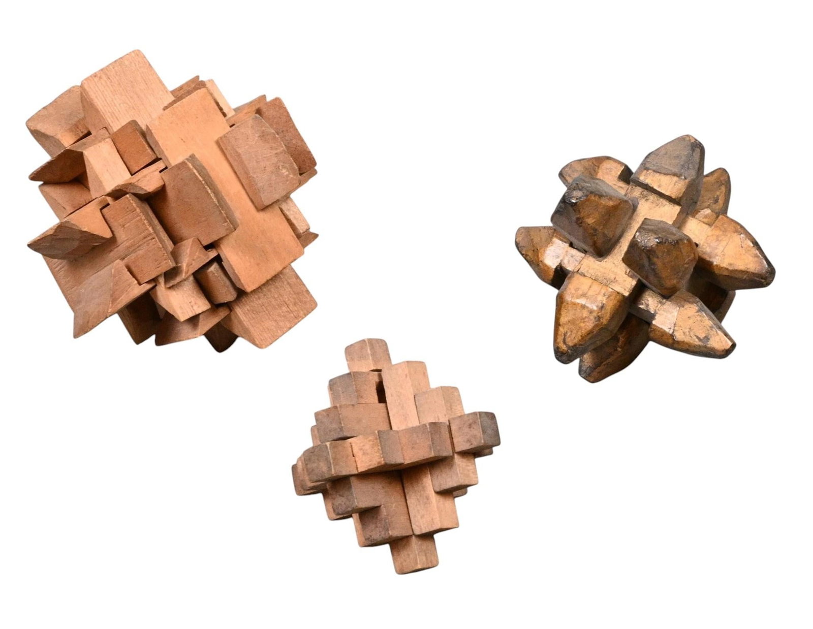 Three Small Folk Art Carved Interlocking Wooden Puzzles (1 of 8)