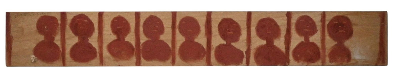 Jimmie Lee Sudduth. 9 Mud Figural Busts on Long Board: Jimmie Lee Sudduth. (1910-2007) 9 Mud Figural Busts on Long Board. Signed. Paint and heavy mud on thin long board. Perfect piece for that empty spot on your wall above a door jam. Good condition.
