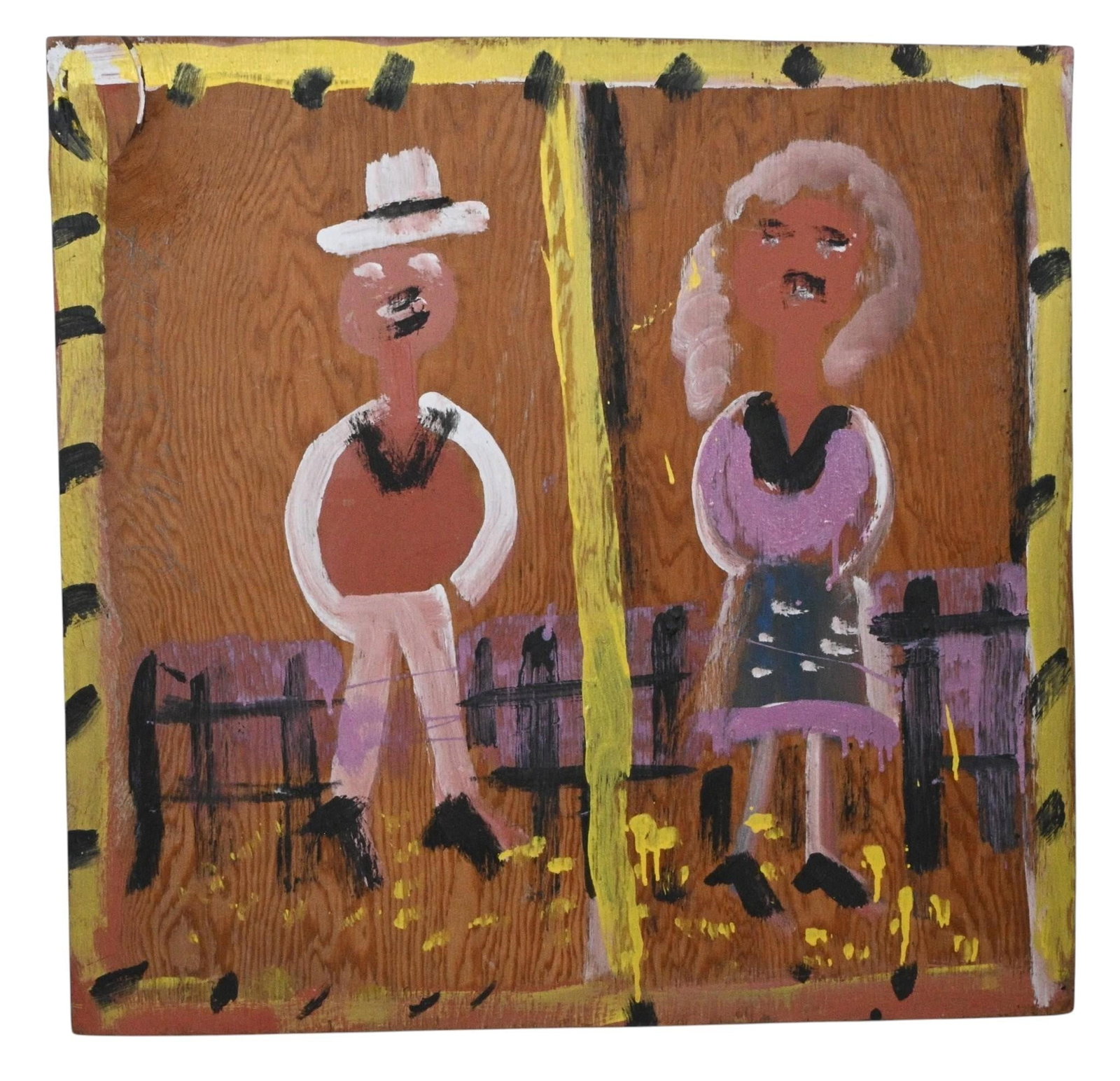 Jimmie Lee Sudduth. Twins Painting: Jimmie Lee Sudduth. (1910-2007) Twins Painting. Signed. Paint and light mud on board. Painting depicting a man in a white hat and a woman standing on opposite sides of a central tree or post, with a